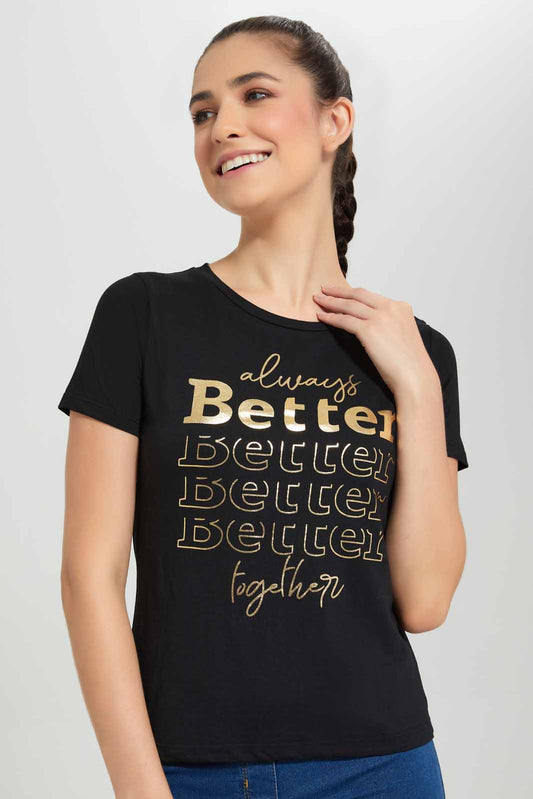 Redtag-Black-Always-Better-Printed-T-Shirt-Category:T-Shirts,-Colour:Black,-Deals:New-In,-Filter:Women's-Clothing,-New-In-Women-APL,-Non-Sale,-Section:Women,-TBL,-W22O,-Women-T-Shirts-Women's-