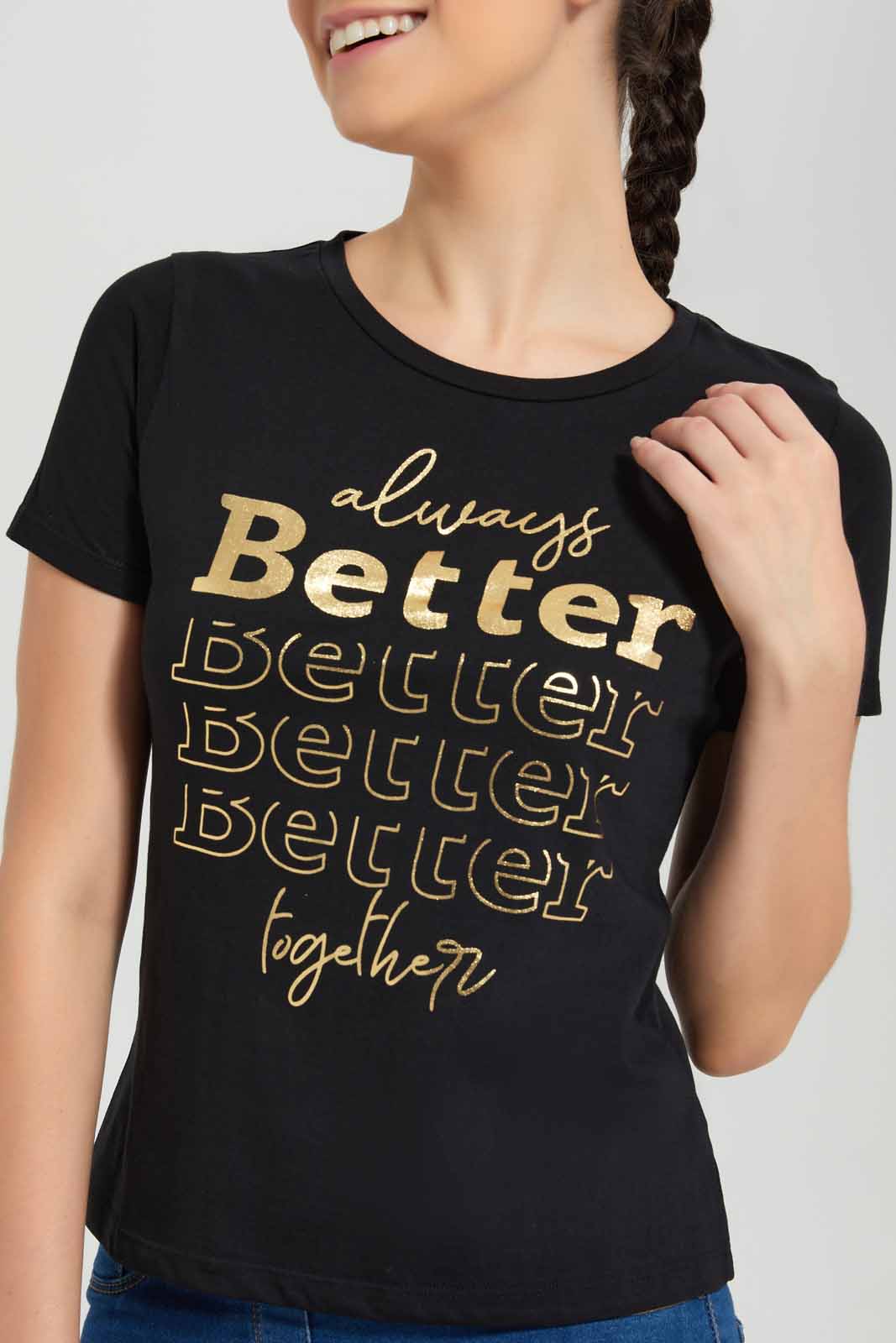 Redtag-Black-Always-Better-Printed-T-Shirt-Category:T-Shirts,-Colour:Black,-Deals:New-In,-Filter:Women's-Clothing,-New-In-Women-APL,-Non-Sale,-Section:Women,-TBL,-W22O,-Women-T-Shirts-Women's-