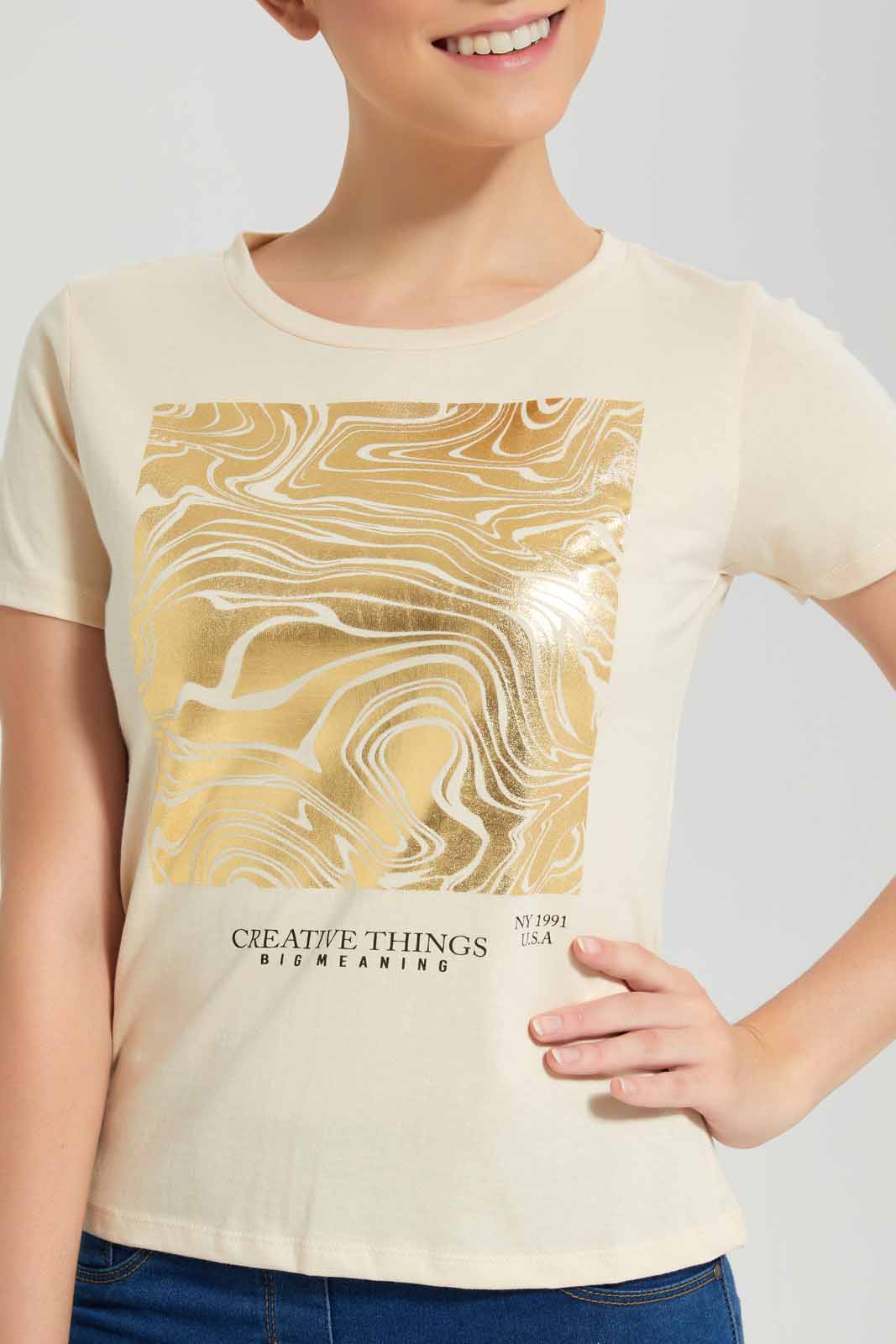Redtag-Dusty-Pink-Creative-Printed-T-Shirt-Category:T-Shirts,-Colour:Apricot,-Deals:New-In,-Filter:Women's-Clothing,-New-In-Women-APL,-Non-Sale,-Section:Women,-TBL,-W22O,-Women-T-Shirts-Women's-
