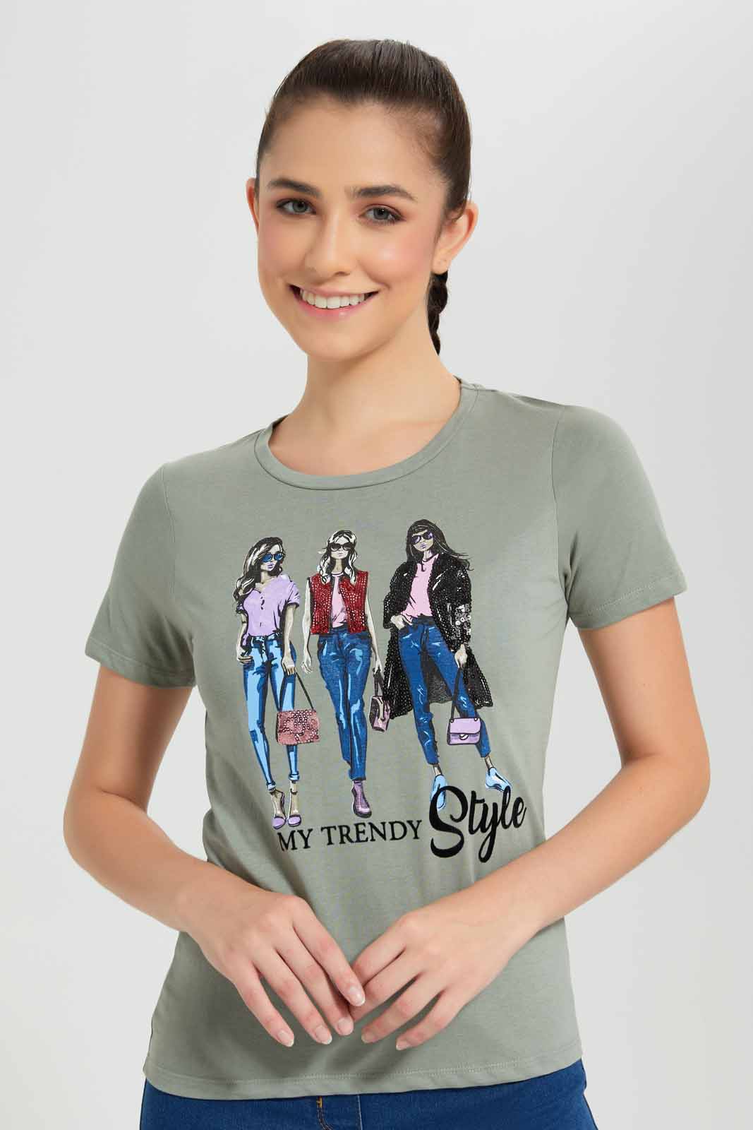 Redtag-Olive-Trend-Style-Embellished-T-Shirt-Category:T-Shirts,-Colour:Olive,-Deals:New-In,-Filter:Women's-Clothing,-New-In-Women-APL,-Non-Sale,-Section:Women,-TBL,-W22O,-Women-T-Shirts-Women's-