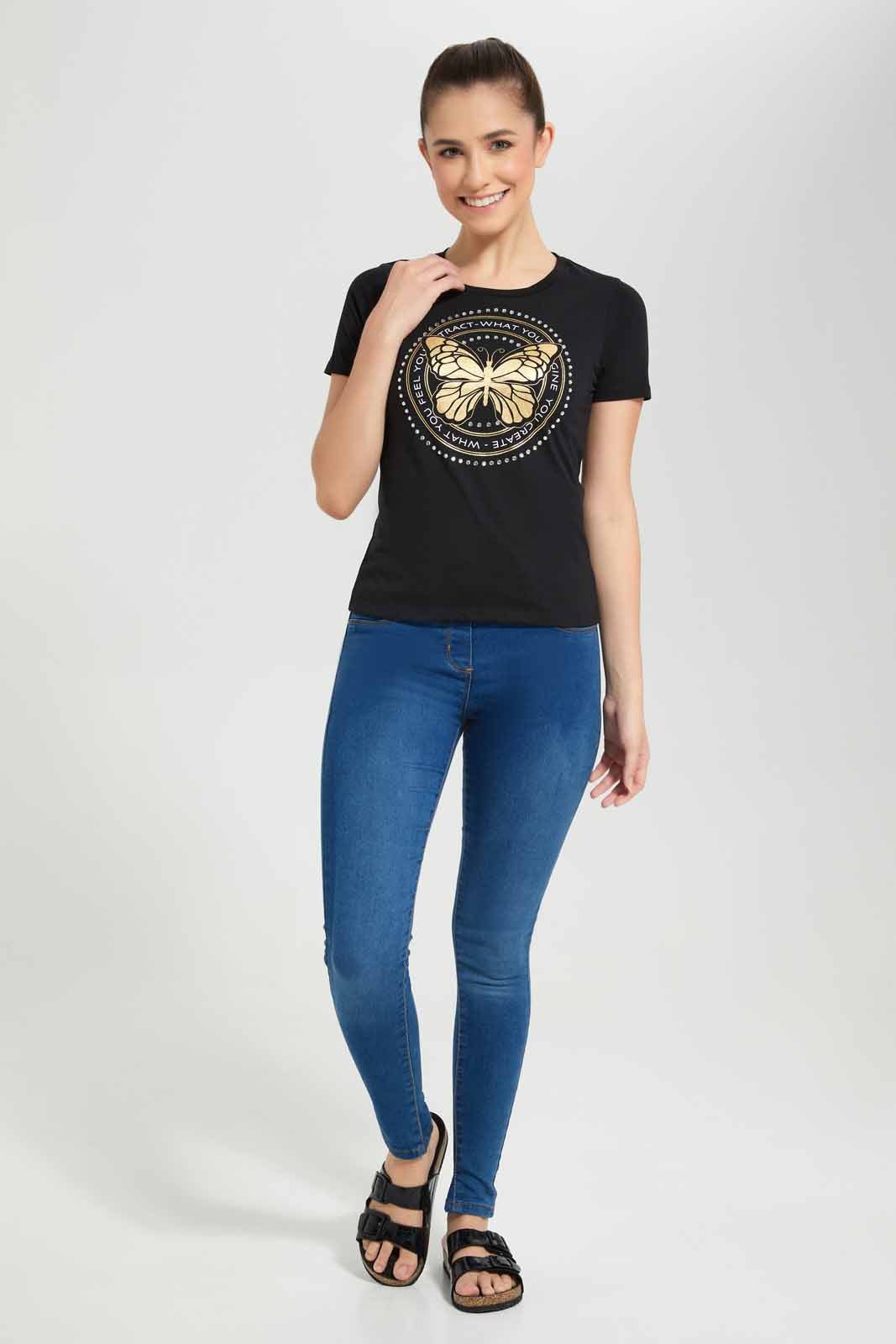 Redtag-Black-Butterfly-Embellished-T-Shirt-Category:T-Shirts,-Colour:Black,-Deals:New-In,-Filter:Women's-Clothing,-New-In-Women-APL,-Non-Sale,-Section:Women,-TBL,-W22O,-Women-T-Shirts-Women's-