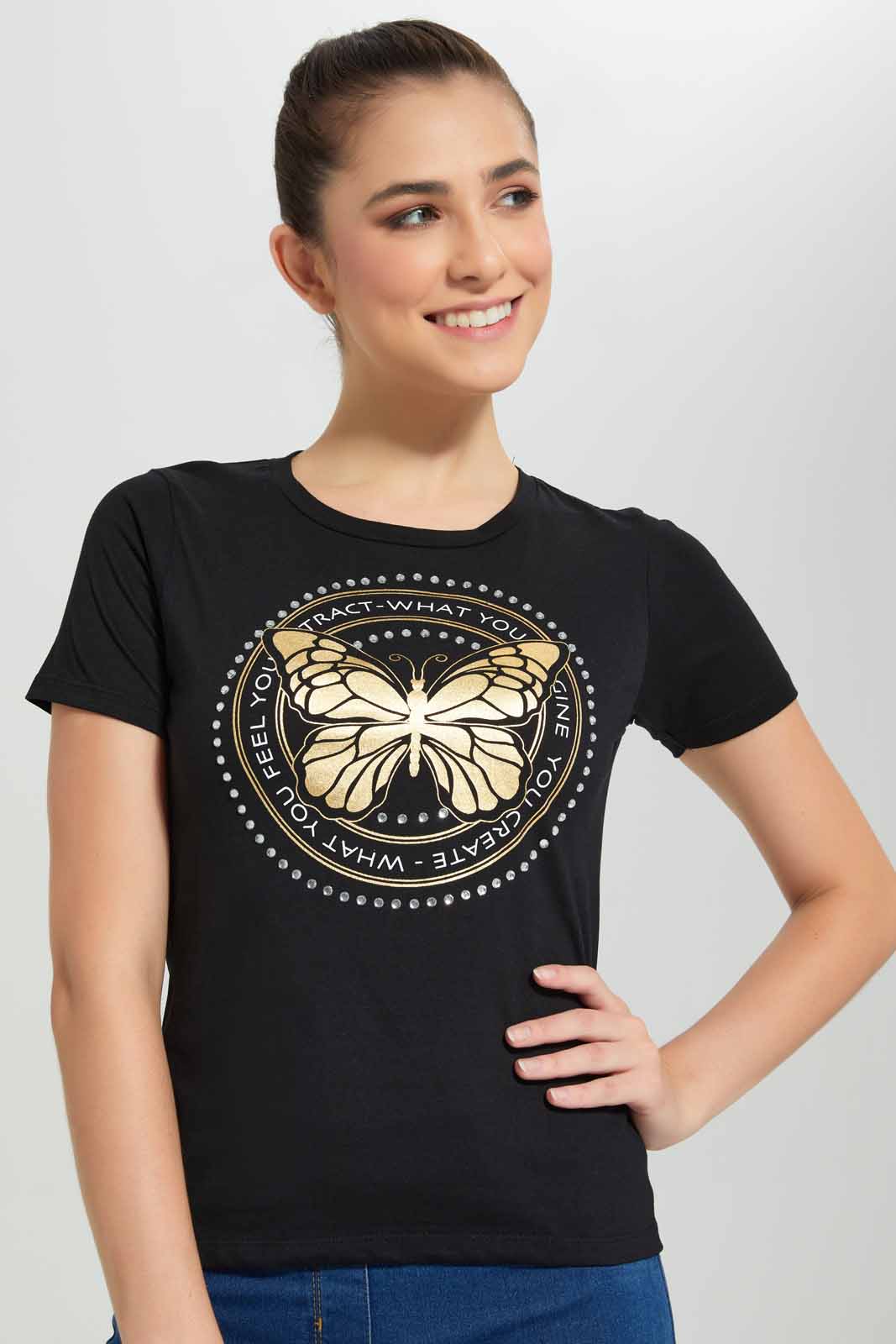 Redtag-Black-Butterfly-Embellished-T-Shirt-Category:T-Shirts,-Colour:Black,-Deals:New-In,-Filter:Women's-Clothing,-New-In-Women-APL,-Non-Sale,-Section:Women,-TBL,-W22O,-Women-T-Shirts-Women's-