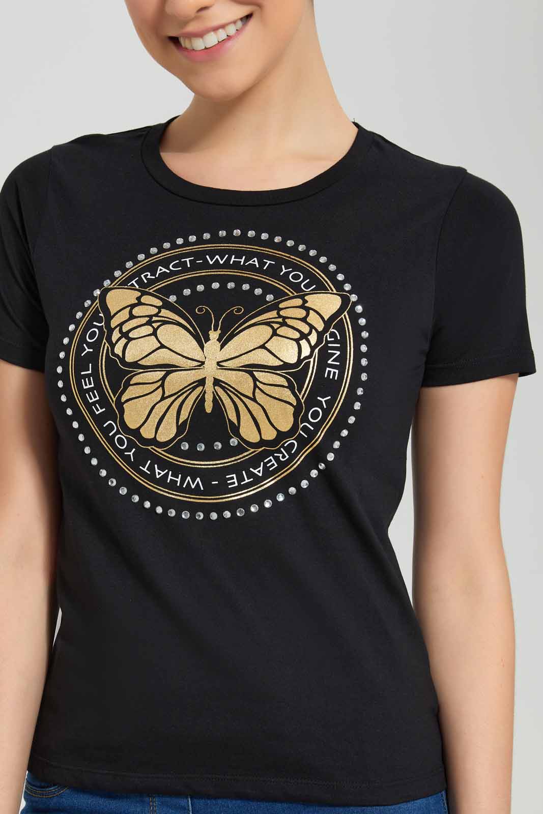 Redtag-Black-Butterfly-Embellished-T-Shirt-Category:T-Shirts,-Colour:Black,-Deals:New-In,-Filter:Women's-Clothing,-New-In-Women-APL,-Non-Sale,-Section:Women,-TBL,-W22O,-Women-T-Shirts-Women's-