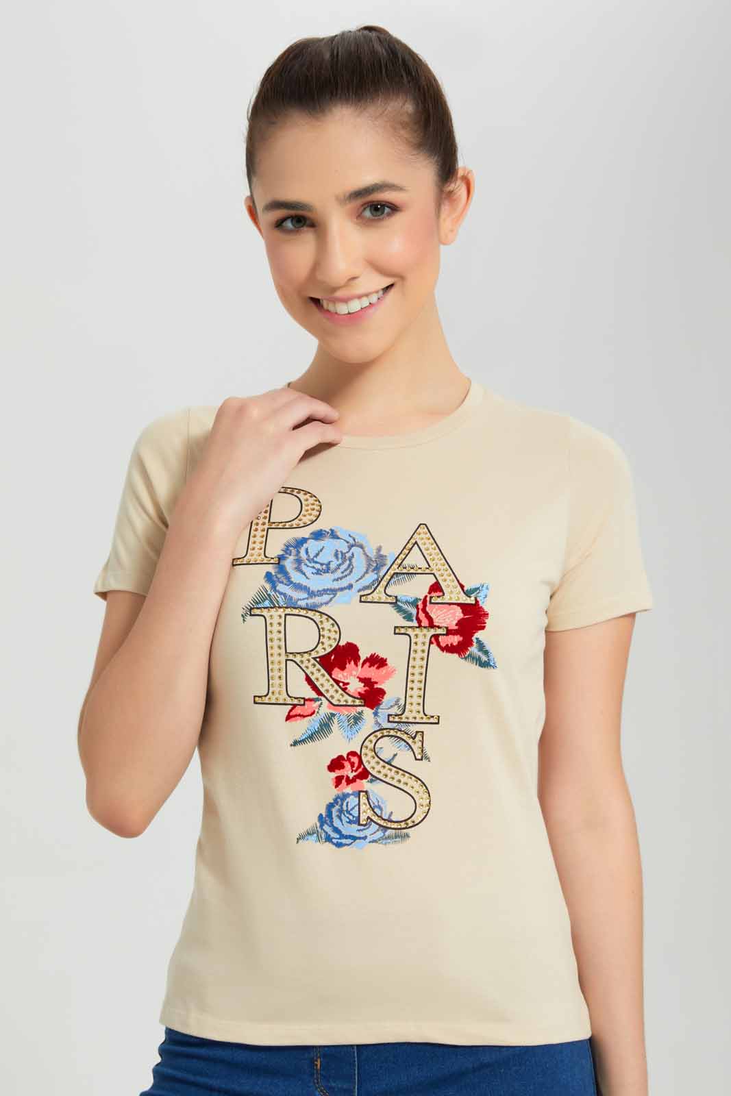 Redtag-Beige-Paris-Floral-Embellished-T-Shirt-Category:T-Shirts,-Colour:Beige,-Deals:New-In,-Filter:Women's-Clothing,-New-In-Women-APL,-Non-Sale,-Section:Women,-TBL,-W22O,-Women-T-Shirts-Women's-