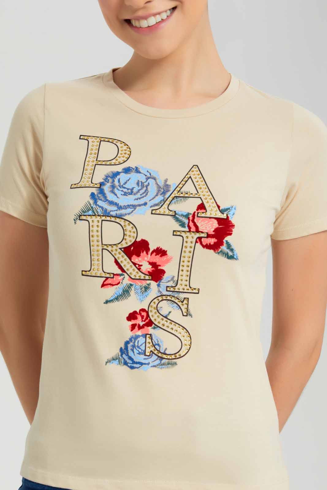 Redtag-Beige-Paris-Floral-Embellished-T-Shirt-Category:T-Shirts,-Colour:Beige,-Deals:New-In,-Filter:Women's-Clothing,-New-In-Women-APL,-Non-Sale,-Section:Women,-TBL,-W22O,-Women-T-Shirts-Women's-