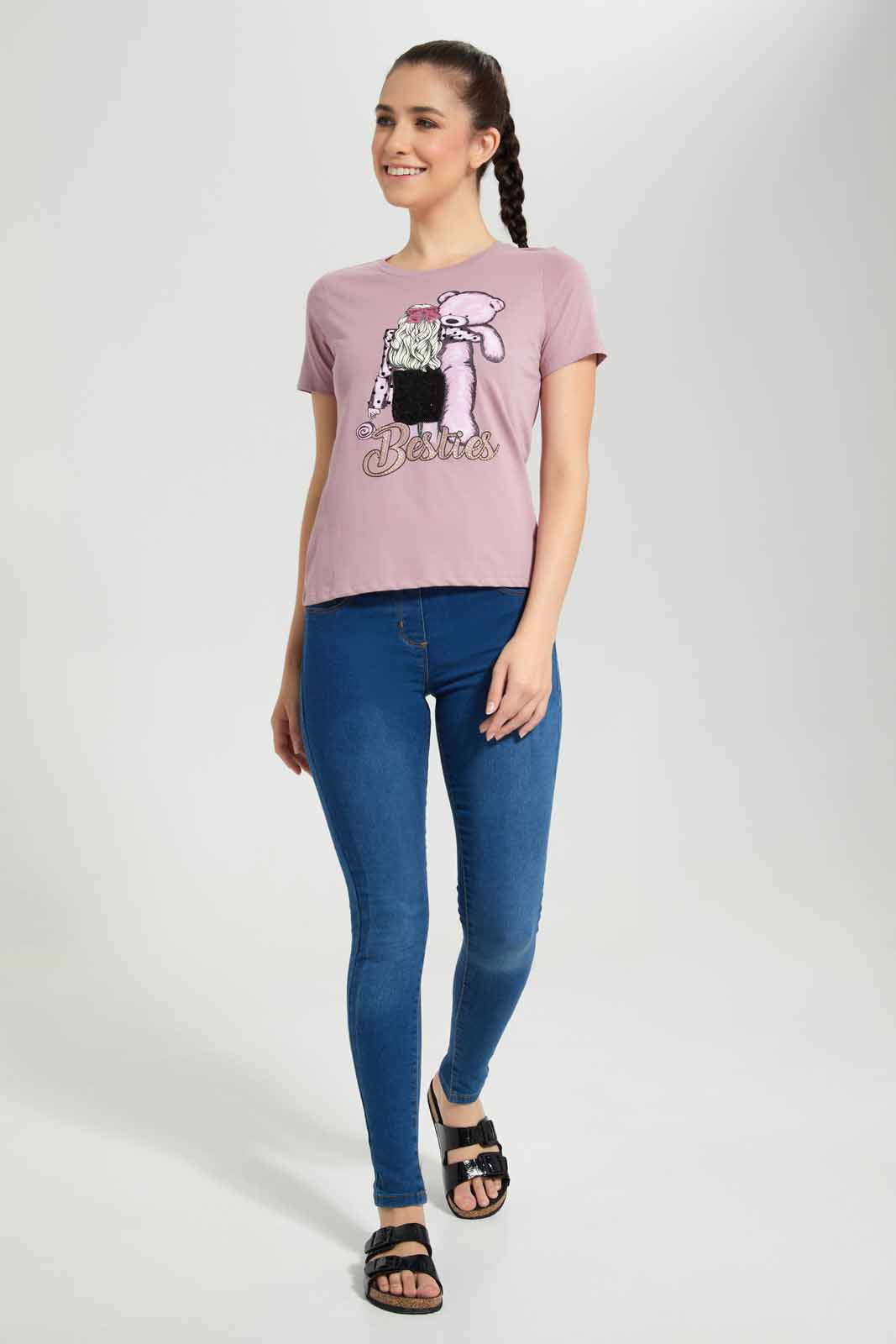 Redtag-Mauve-Teddy-Embellished-T-Shirt-Category:T-Shirts,-Colour:Mauve,-Deals:New-In,-Filter:Women's-Clothing,-New-In-Women-APL,-Non-Sale,-Section:Women,-TBL,-W22O,-Women-T-Shirts-Women's-
