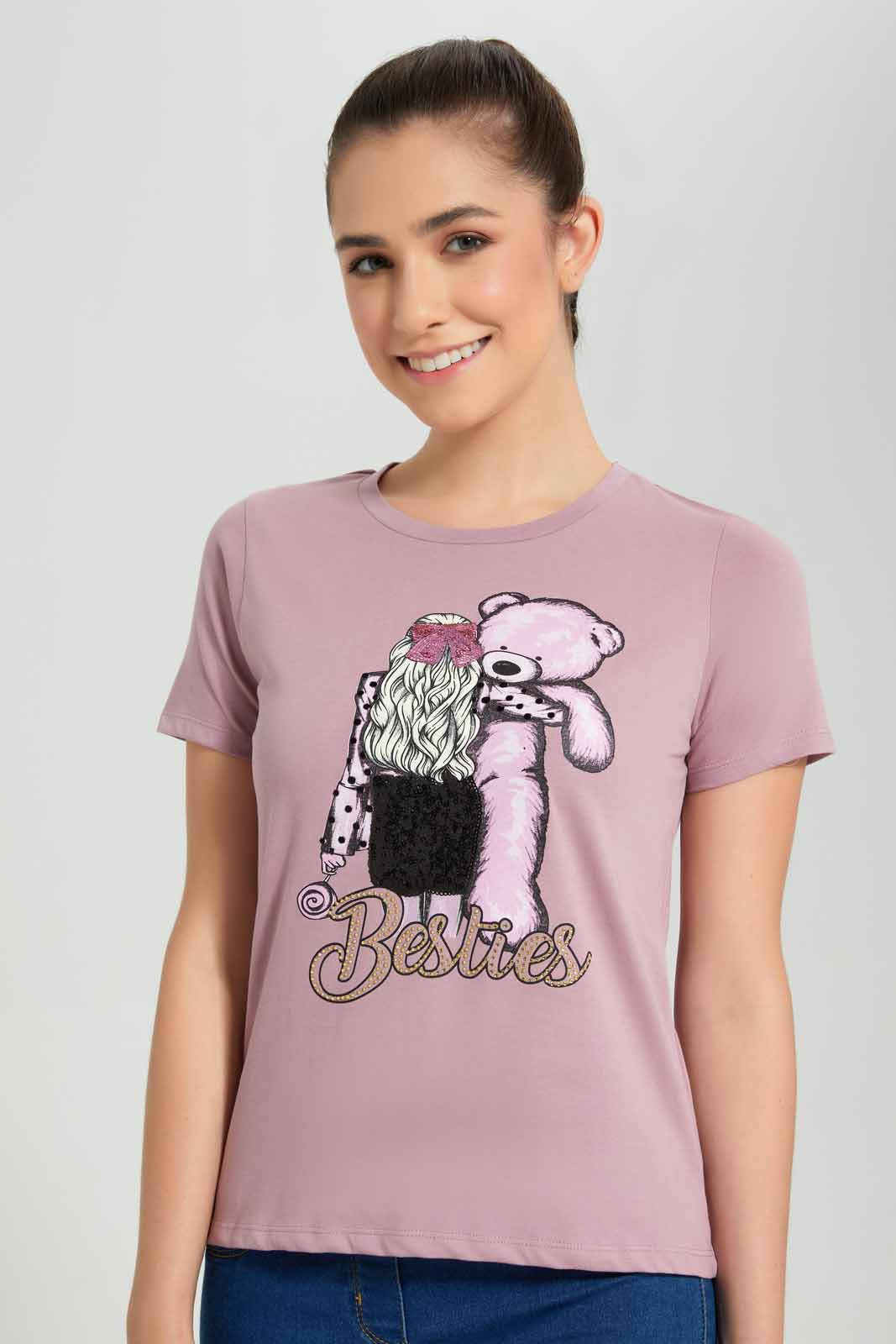 Redtag-Mauve-Teddy-Embellished-T-Shirt-Category:T-Shirts,-Colour:Mauve,-Deals:New-In,-Filter:Women's-Clothing,-New-In-Women-APL,-Non-Sale,-Section:Women,-TBL,-W22O,-Women-T-Shirts-Women's-