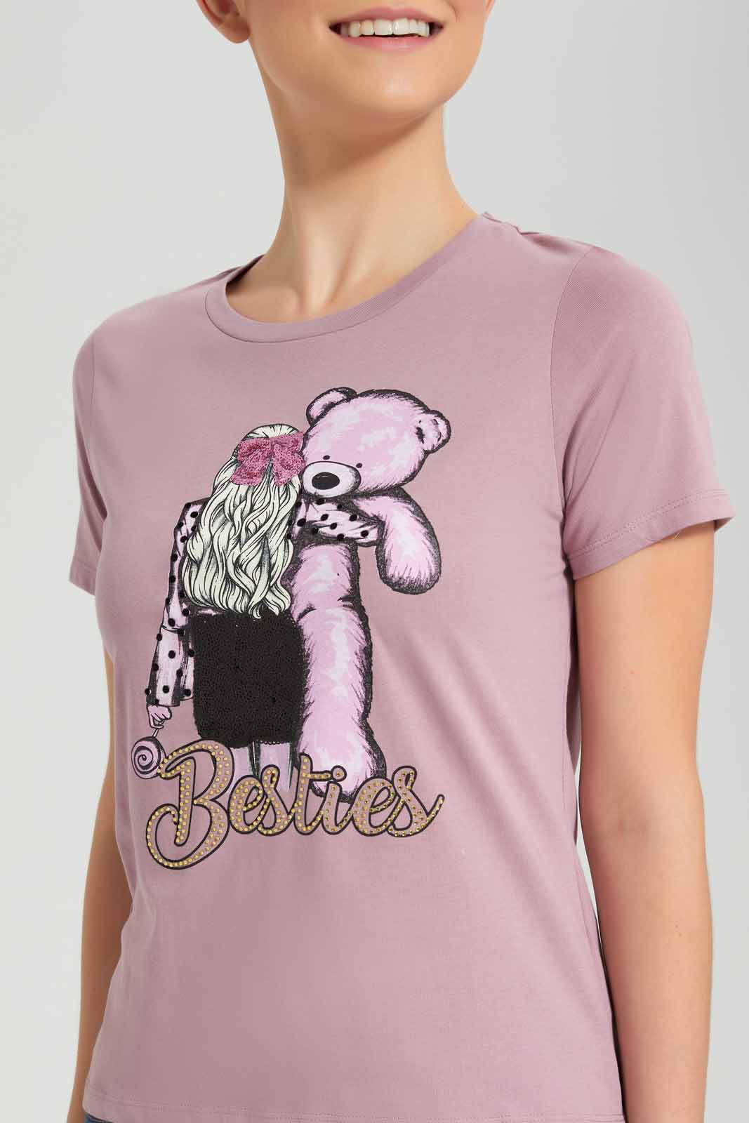 Redtag-Mauve-Teddy-Embellished-T-Shirt-Category:T-Shirts,-Colour:Mauve,-Deals:New-In,-Filter:Women's-Clothing,-New-In-Women-APL,-Non-Sale,-Section:Women,-TBL,-W22O,-Women-T-Shirts-Women's-