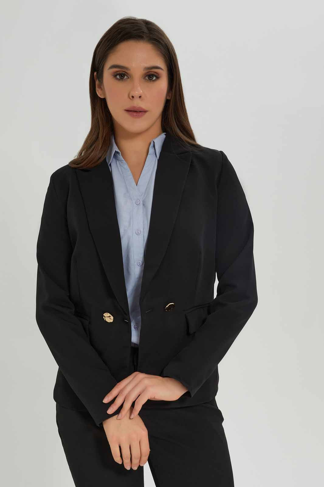 Redtag-Black-Gold-Button-Tailored-Blazer-Category:Jackets,-Colour:Black,-Deals:New-In,-Dept:Ladieswear,-Filter:Women's-Clothing,-New-In-Women-APL,-Non-Sale,-Section:Women,-W22O,-Women-Jackets-Women's-