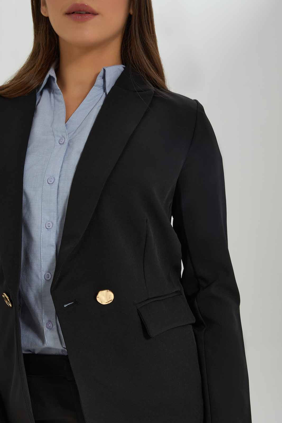 Redtag-Black-Gold-Button-Tailored-Blazer-Category:Jackets,-Colour:Black,-Deals:New-In,-Dept:Ladieswear,-Filter:Women's-Clothing,-New-In-Women-APL,-Non-Sale,-Section:Women,-W22O,-Women-Jackets-Women's-