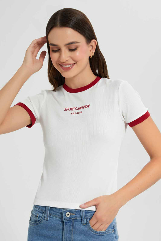 Redtag-White-Placement-Emb-Active-T-Shirt-Category:T-Shirts,-Colour:White,-Deals:New-In,-Filter:Women's-Clothing,-New-In-Women,-Non-Sale,-Section:Women,-W22O,-Women-T-Shirts-Women's-