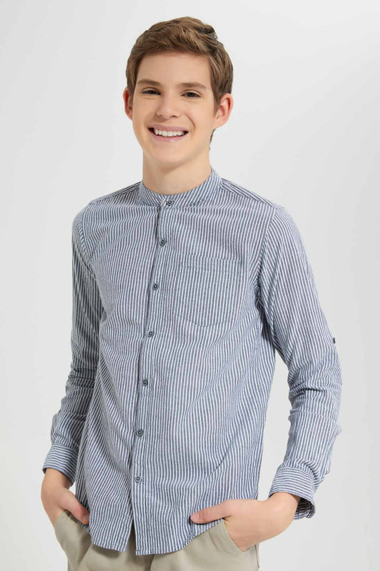 Redtag-Navy-With-White-Stripe-Seersucker-Casual-Shirt-BSR-Shirts,-Category:Shirts,-Colour:Navy,-Deals:New-In,-Filter:Senior-Boys-(8-to-14-Yrs),-New-In-BSR-APL,-Non-Sale,-Section:Boys-(0-to-14Yrs),-W22O-Senior-Boys-9 to 14 Years