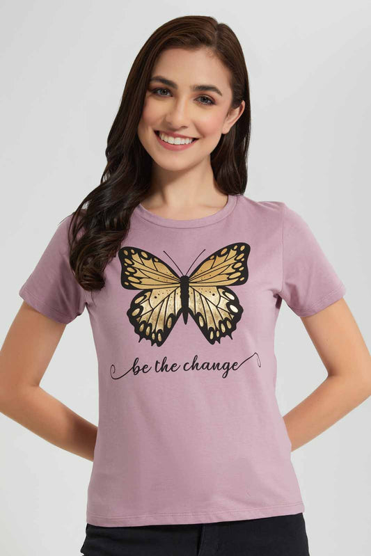 Redtag-Mauve-Butterfly-Be-The-Change-Printed-T-Shirt-Category:T-Shirts,-Colour:Mauve,-Deals:New-In,-Filter:Women's-Clothing,-New-In-Women,-Non-Sale,-Section:Women,-TBL,-W22O,-Women-T-Shirts-Women's-