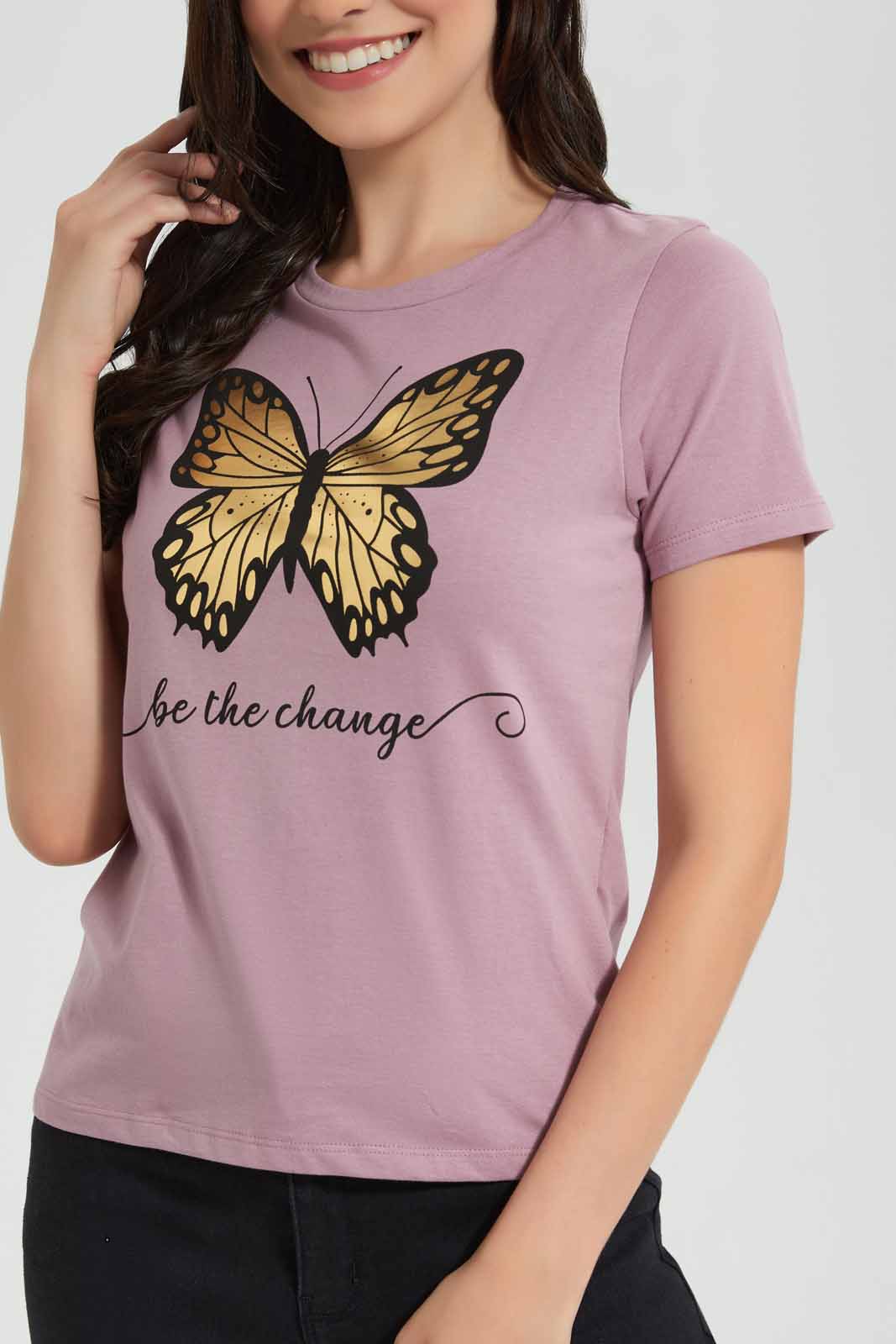 Redtag-Mauve-Butterfly-Be-The-Change-Printed-T-Shirt-Category:T-Shirts,-Colour:Mauve,-Deals:New-In,-Filter:Women's-Clothing,-New-In-Women,-Non-Sale,-Section:Women,-TBL,-W22O,-Women-T-Shirts-Women's-