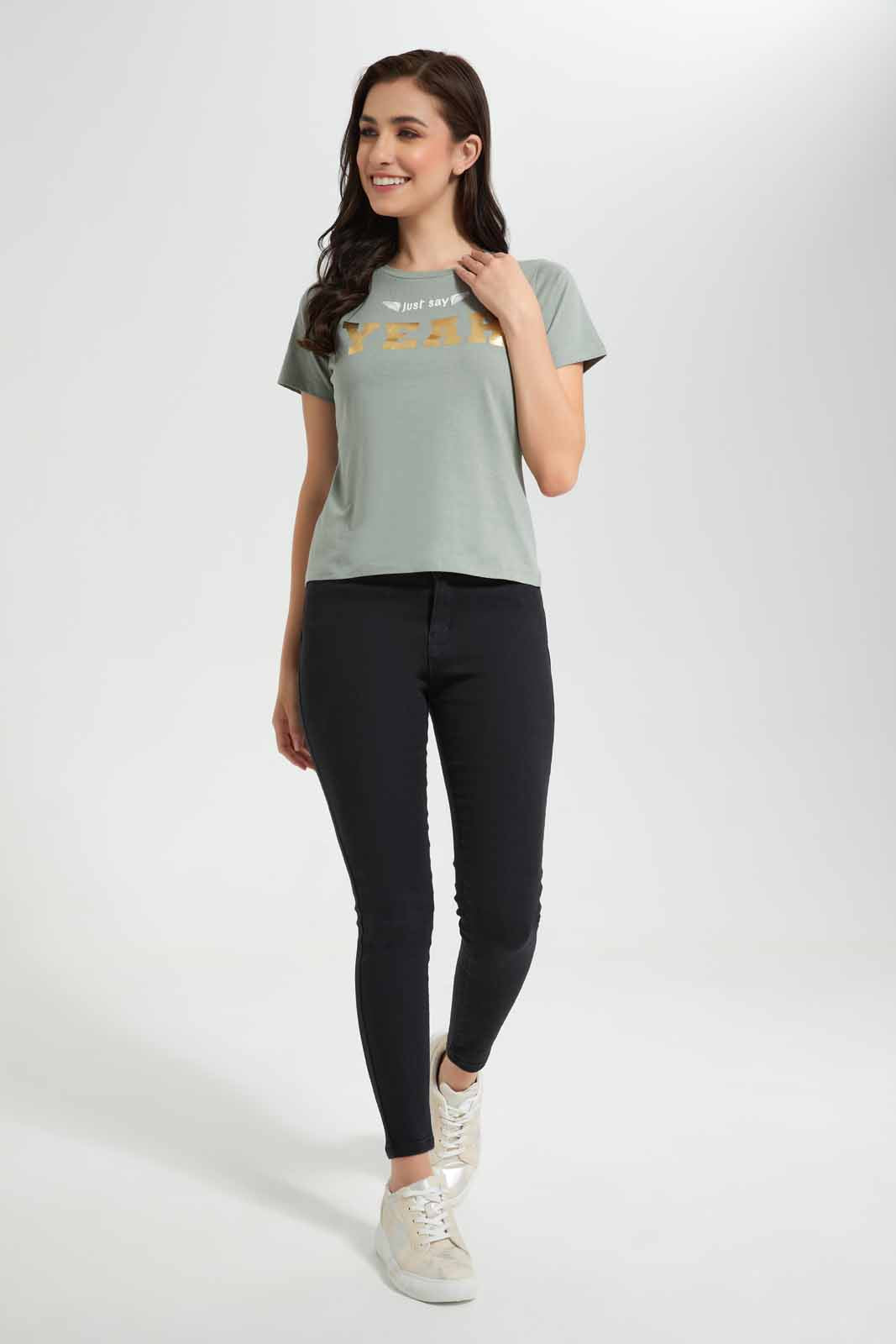 Redtag-Olive-Just-Say-Yeah-Printed-T-Shirt-Category:T-Shirts,-Colour:Olive,-Deals:New-In,-Filter:Women's-Clothing,-New-In-Women,-Non-Sale,-Section:Women,-TBL,-W22O,-Women-T-Shirts-Women's-
