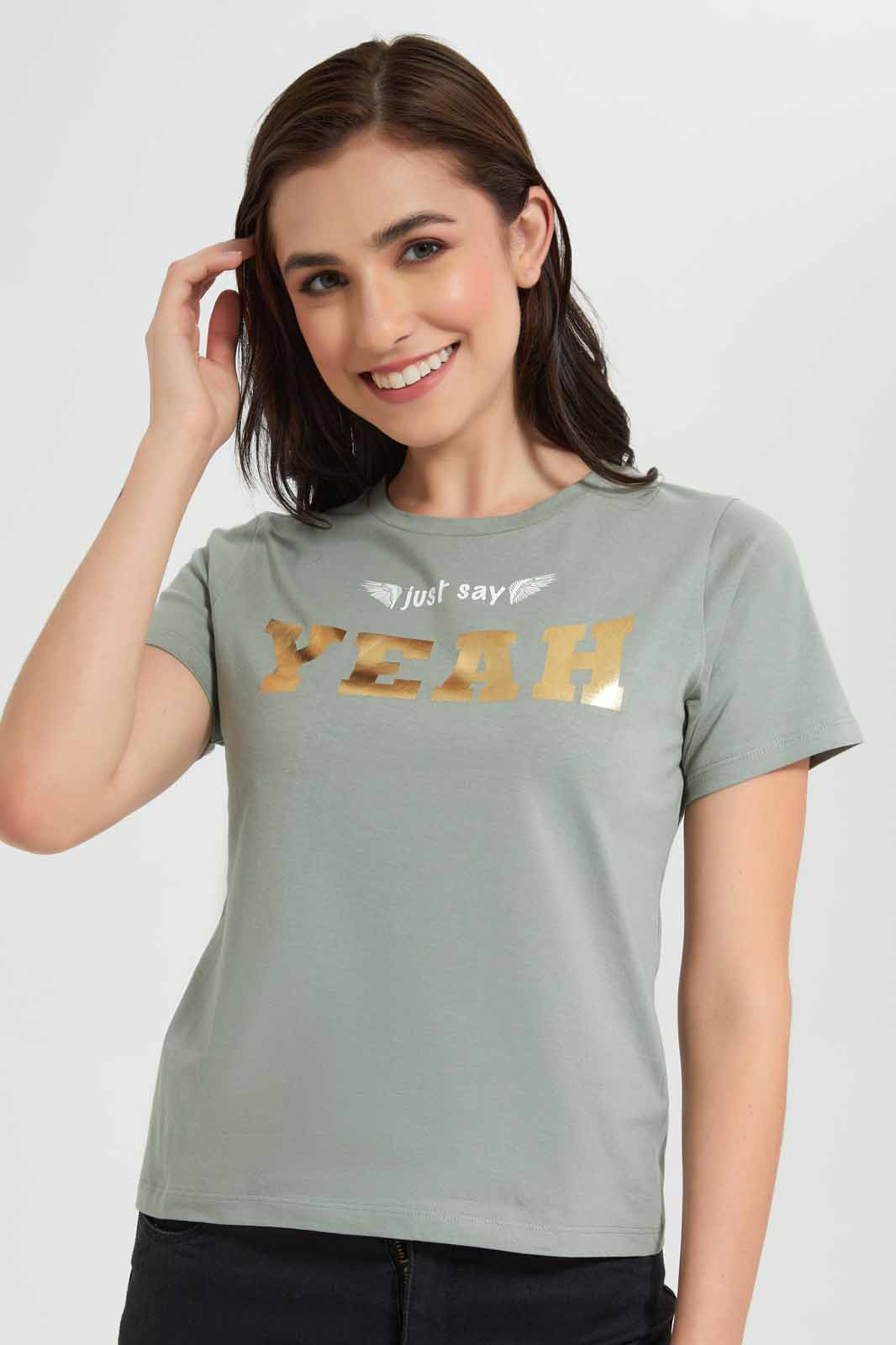 Redtag-Olive-Just-Say-Yeah-Printed-T-Shirt-Category:T-Shirts,-Colour:Olive,-Deals:New-In,-Filter:Women's-Clothing,-New-In-Women,-Non-Sale,-Section:Women,-TBL,-W22O,-Women-T-Shirts-Women's-