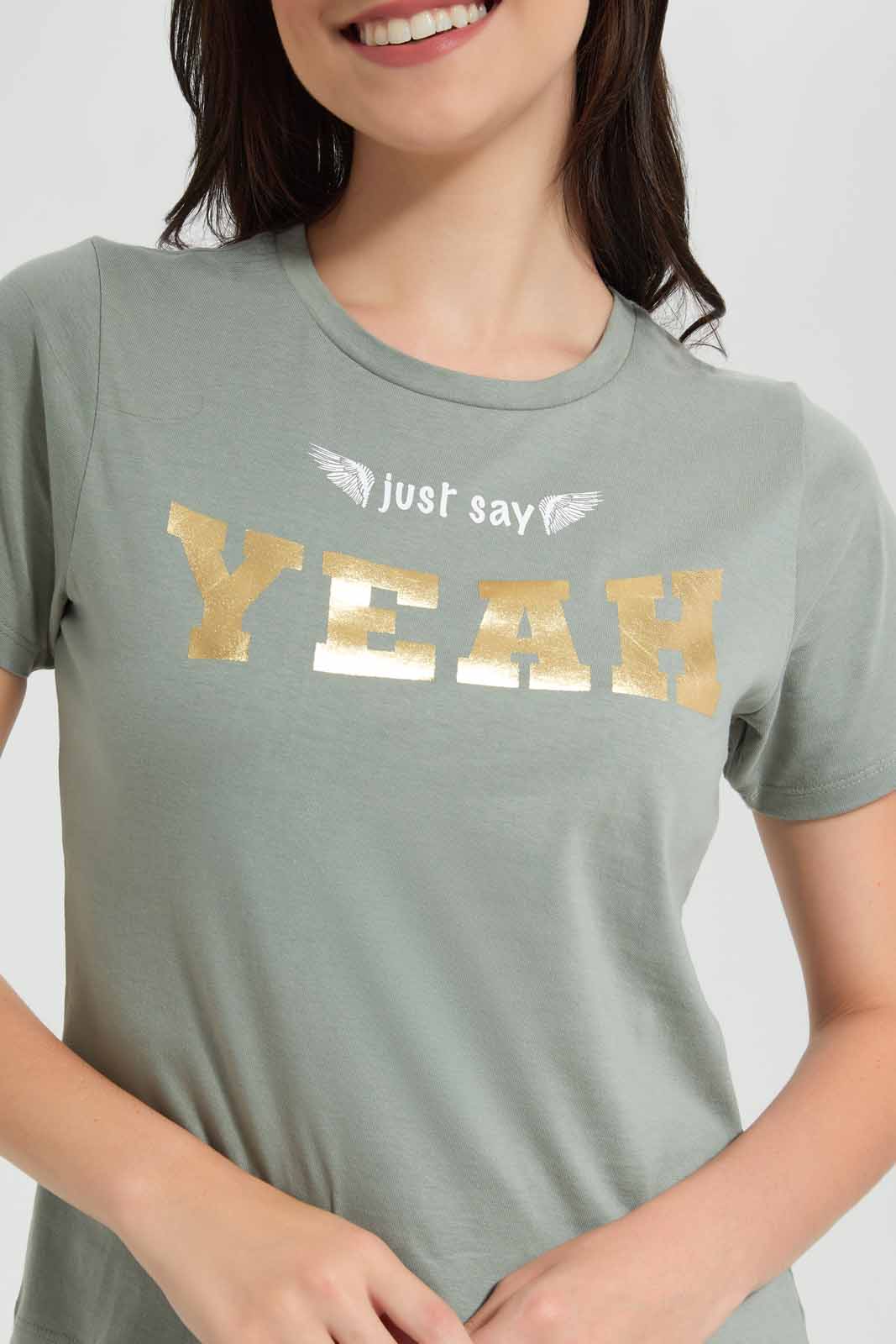 Redtag-Olive-Just-Say-Yeah-Printed-T-Shirt-Category:T-Shirts,-Colour:Olive,-Deals:New-In,-Filter:Women's-Clothing,-New-In-Women,-Non-Sale,-Section:Women,-TBL,-W22O,-Women-T-Shirts-Women's-
