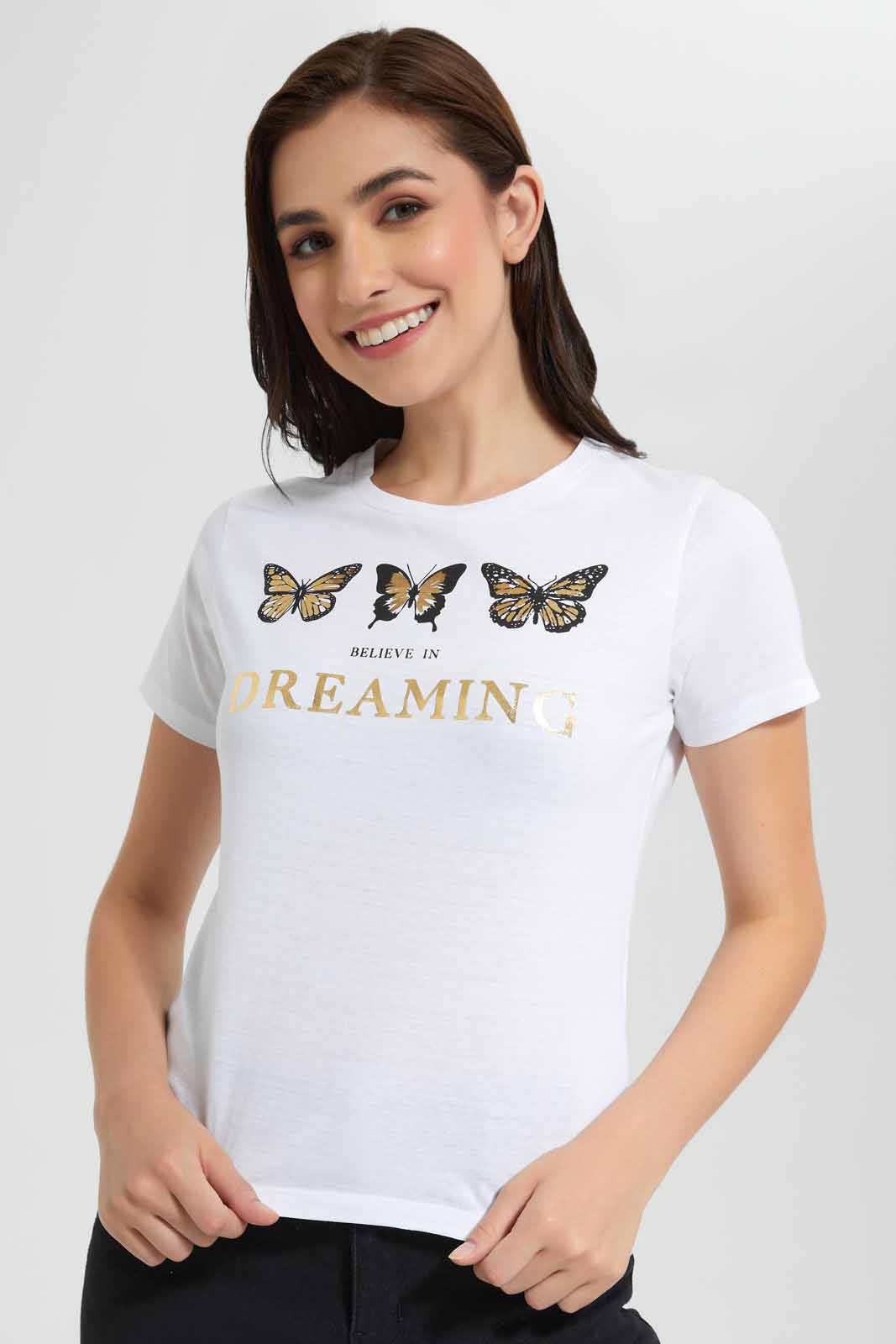Redtag-White-Butterfly-Dreaming-Printed-T-Shirt-Category:T-Shirts,-Colour:White,-Deals:New-In,-Filter:Women's-Clothing,-New-In-Women,-Non-Sale,-Section:Women,-TBL,-W22O,-Women-T-Shirts-Women's-