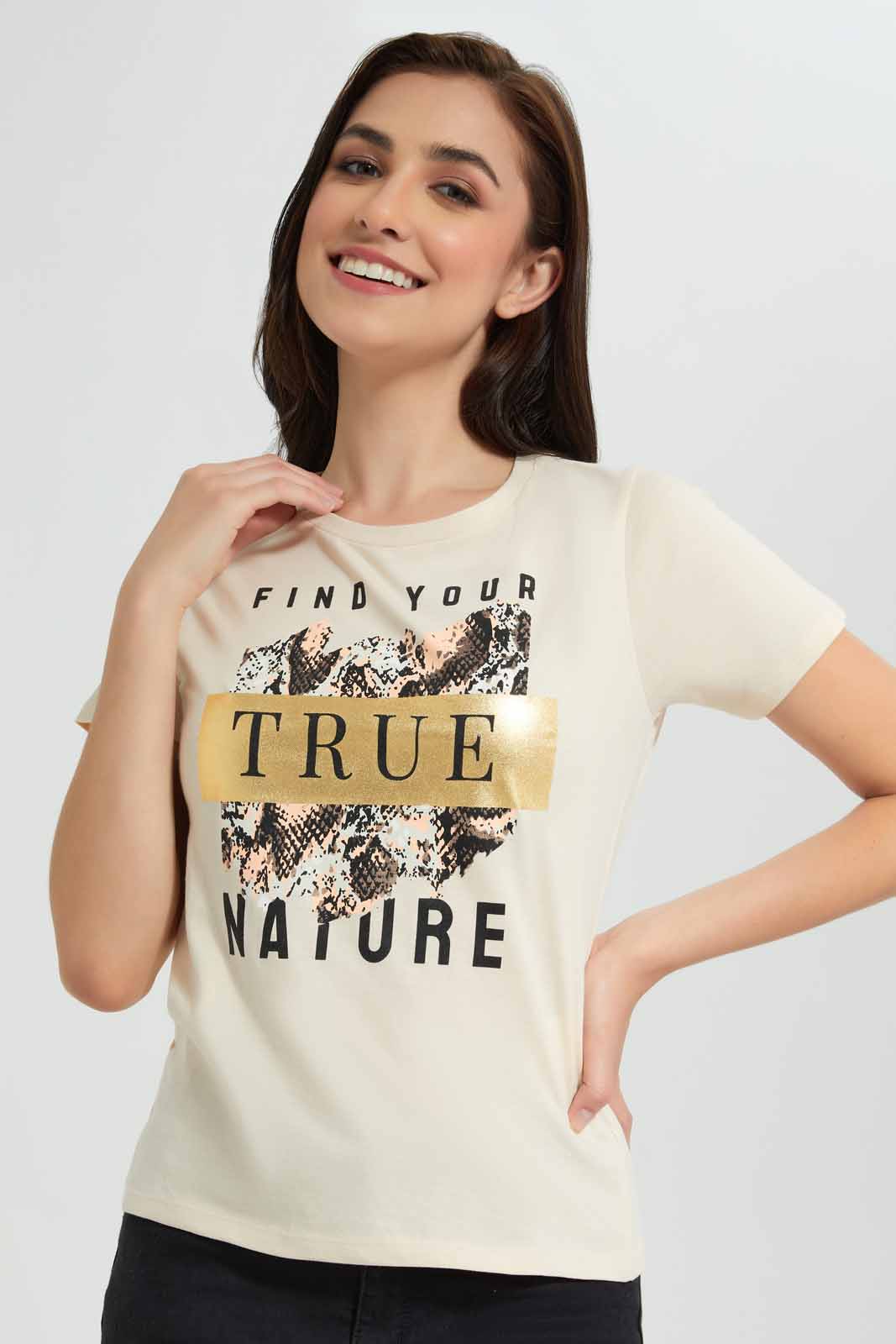 Redtag-Blush-True-Nature-Printed-T-Shirt-Category:T-Shirts,-Colour:Apricot,-Deals:New-In,-Filter:Women's-Clothing,-New-In-Women,-Non-Sale,-Section:Women,-TBL,-W22O,-Women-T-Shirts-Women's-