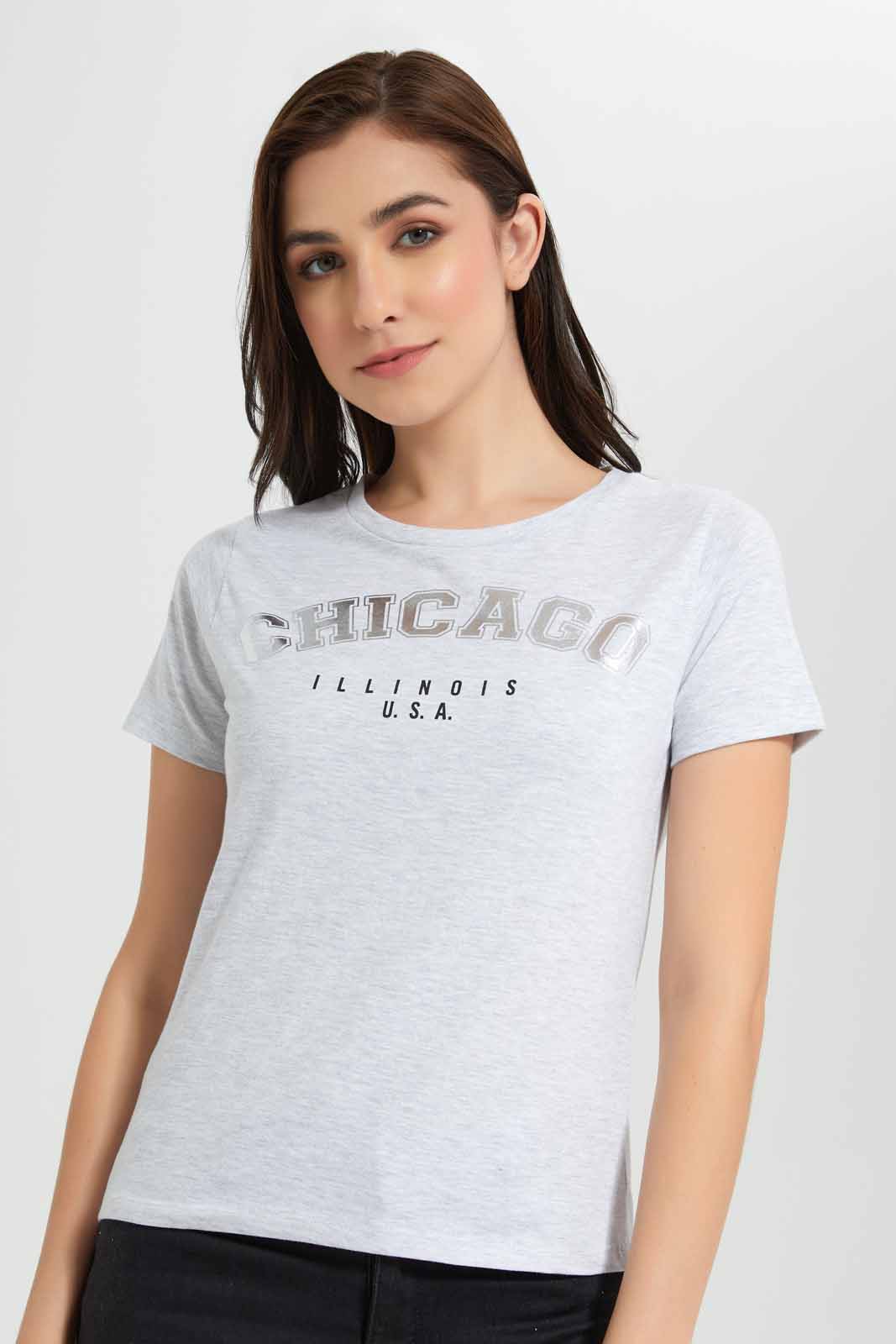 Redtag-Grey-Melange-Chicago-Printed-T-Shirt-Category:T-Shirts,-Colour:Grey,-Deals:New-In,-Filter:Women's-Clothing,-New-In-Women,-Non-Sale,-Section:Women,-TBL,-W22O,-Women-T-Shirts-Women's-