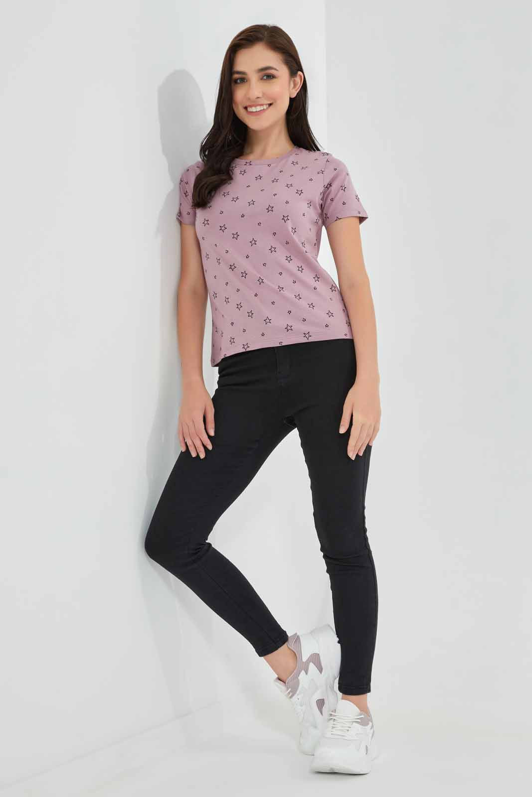 Redtag-Mauve-Allover-Printed-T-Shirt-Category:T-Shirts,-Colour:Mauve,-Deals:New-In,-Filter:Women's-Clothing,-New-In-Women,-Non-Sale,-Section:Women,-TBL,-W22O,-Women-T-Shirts-Women's-