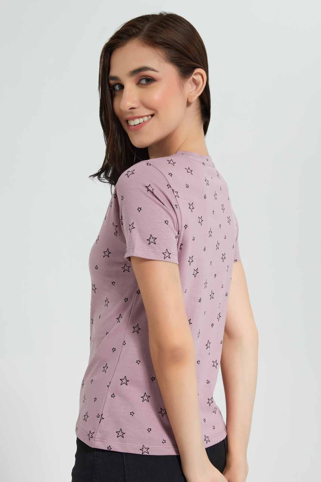 Redtag-Mauve-Allover-Printed-T-Shirt-Category:T-Shirts,-Colour:Mauve,-Deals:New-In,-Filter:Women's-Clothing,-New-In-Women,-Non-Sale,-Section:Women,-TBL,-W22O,-Women-T-Shirts-Women's-
