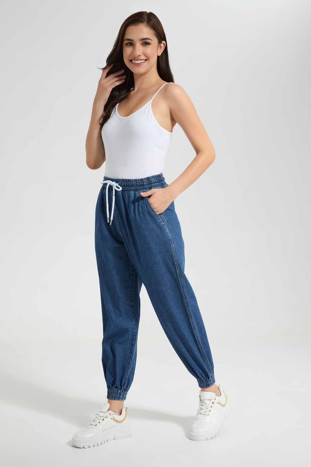 Redtag-Dark-Wash-Jogger-With-Drowchord-Category:Jeans,-Colour:Dark-Wash,-Deals:New-In,-Filter:Women's-Clothing,-New-In-Women-APL,-Non-Sale,-Section:Women,-TBL,-W22O,-Women-Jeans-Women's-