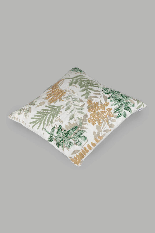 Redtag-Beige/Green-Leaf-Embroidery-Cushion-Category:Cushions,-Colour:Beige,-Deals:New-In,-Dept:Home,-Filter:Home-Bedroom,-HMW-BED-Cushions,-New-In-HMW-BED,-Non-Sale,-Section:Homewares,-W22B-Home-Bedroom-