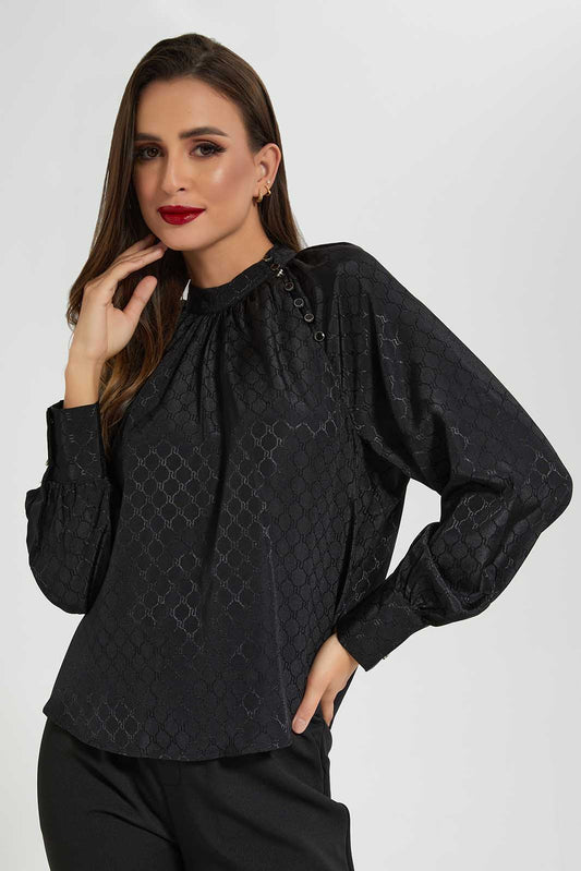 Redtag-Black-Jacquard-Blouse-Category:Blouses,-Colour:Black,-Deals:New-In,-Filter:Women's-Clothing,-LDC,-LDC-Blouses,-New-In-LDC-APL,-Non-Sale,-Section:Women,-W22O-Women's-