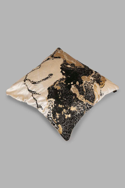 Redtag-Black/Gold-Marble-Print-Beaded-Cushion-Category:Cushions,-Colour:Beige,-Deals:New-In,-Filter:Home-Bedroom,-HMW-BED-Cushions,-New-In-HMW-BED,-Non-Sale,-Section:Homewares,-W22A-Home-Bedroom-