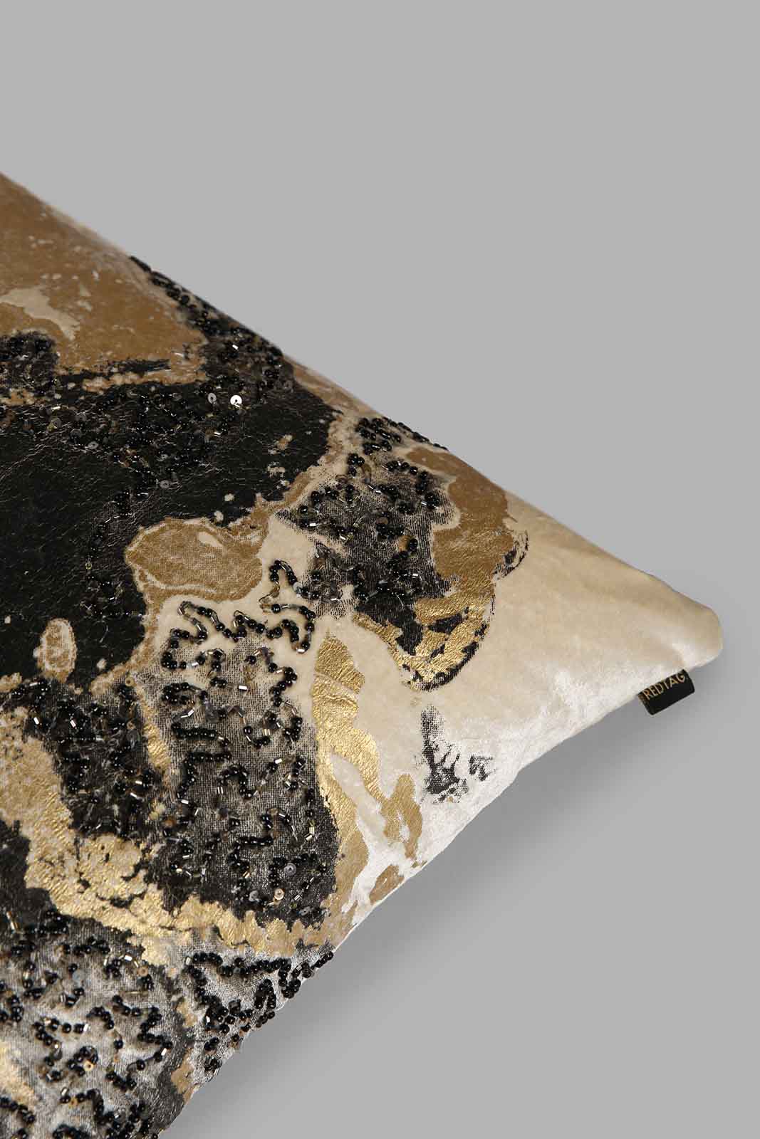 Redtag-Black/Gold-Marble-Print-Beaded-Cushion-Category:Cushions,-Colour:Beige,-Deals:New-In,-Filter:Home-Bedroom,-HMW-BED-Cushions,-New-In-HMW-BED,-Non-Sale,-Section:Homewares,-W22A-Home-Bedroom-