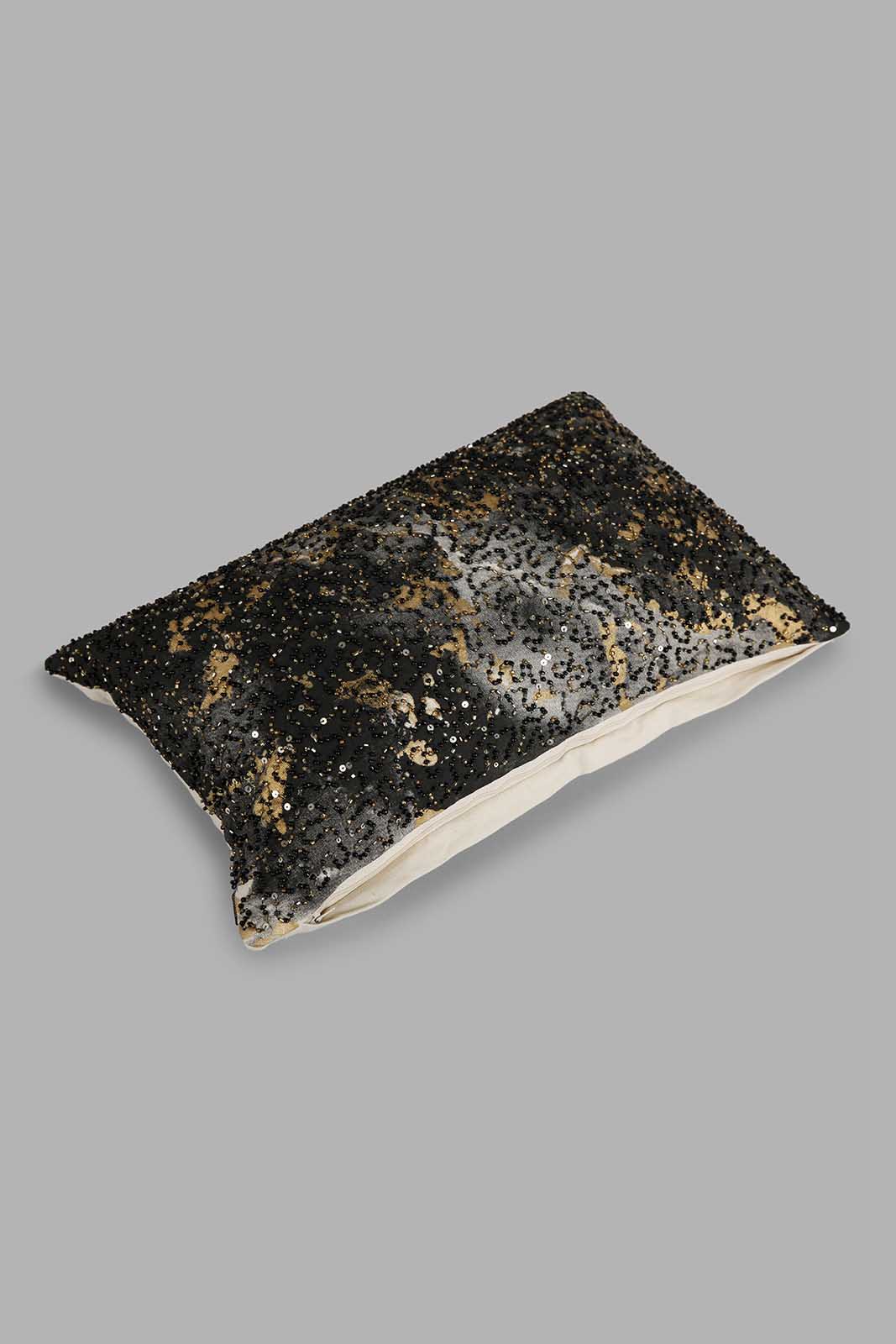 Redtag-Black/Gold-Beaded-Cushion-Category:Cushions,-Colour:Black,-Deals:New-In,-Filter:Home-Bedroom,-HMW-BED-Cushions,-New-In-HMW-BED,-Non-Sale,-Section:Homewares,-W22A-Home-Bedroom-