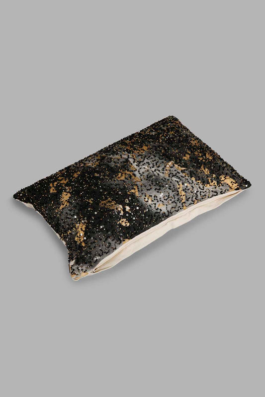 Redtag-Black/Gold-Beaded-Cushion-Category:Cushions,-Colour:Black,-Deals:New-In,-Filter:Home-Bedroom,-HMW-BED-Cushions,-New-In-HMW-BED,-Non-Sale,-Section:Homewares,-W22A-Home-Bedroom-