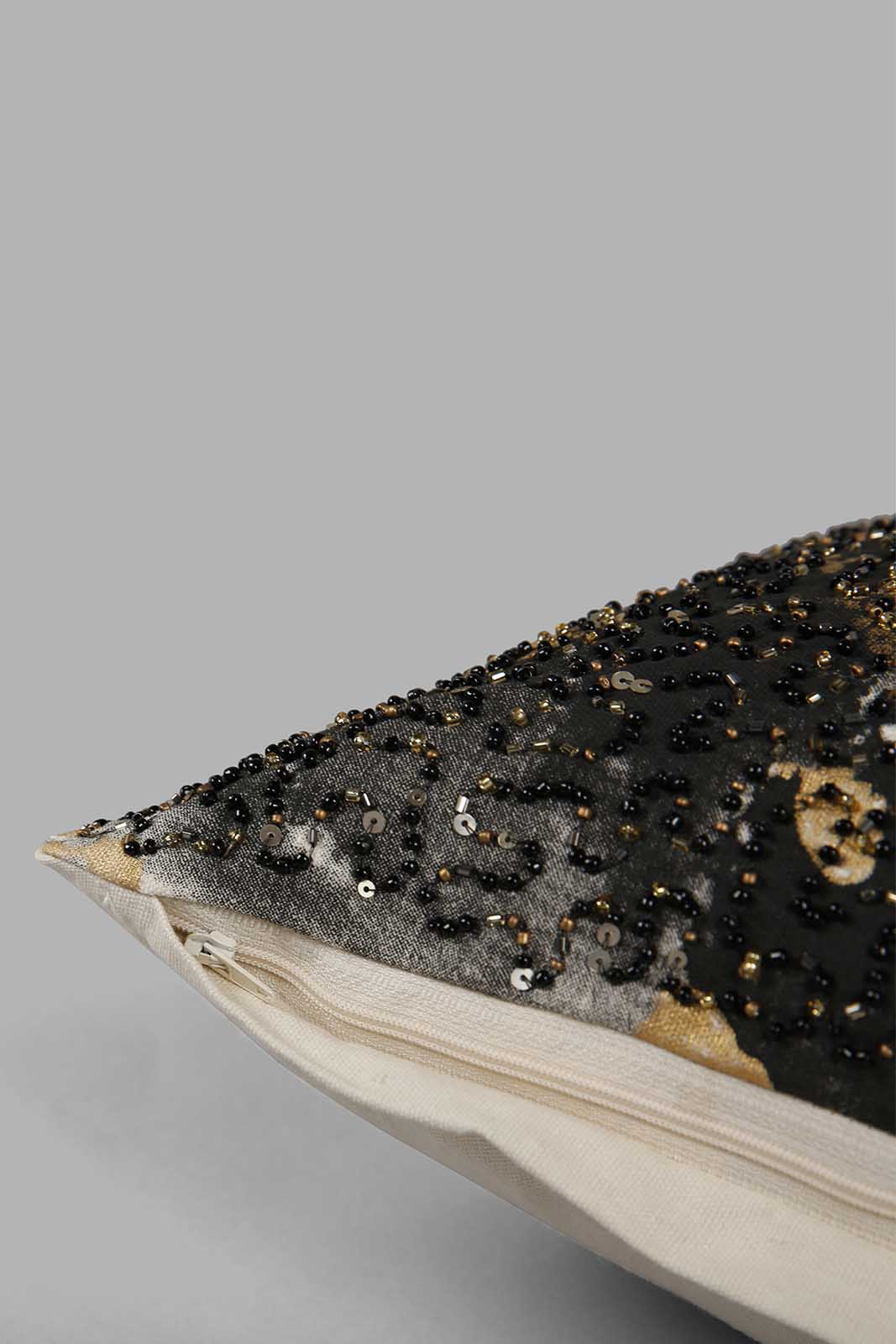 Redtag-Black/Gold-Beaded-Cushion-Category:Cushions,-Colour:Black,-Deals:New-In,-Filter:Home-Bedroom,-HMW-BED-Cushions,-New-In-HMW-BED,-Non-Sale,-Section:Homewares,-W22A-Home-Bedroom-