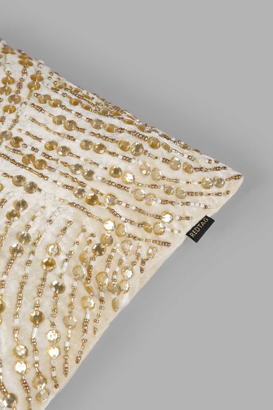 Redtag-Beige/Gold-Beaded-Cushion-Category:Cushions,-Colour:Beige,-Deals:New-In,-Filter:Home-Bedroom,-HMW-BED-Cushions,-New-In-HMW-BED,-Non-Sale,-Section:Homewares,-W22A-Home-Bedroom-