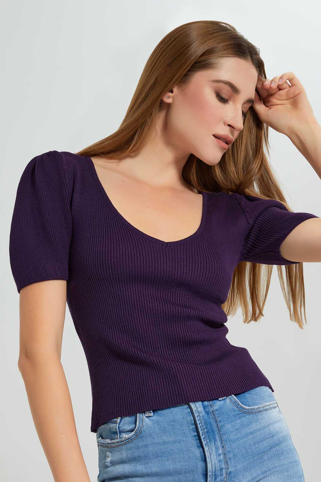 Redtag-Purple-Short-Sleeve-Knitted-Top-Category:Tops,-Colour:Purple,-Deals:New-In,-Filter:Women's-Clothing,-LEC,-LEC-Tops,-New-In-LEC-APL,-Non-Sale,-Section:Women,-W22A-Women's-