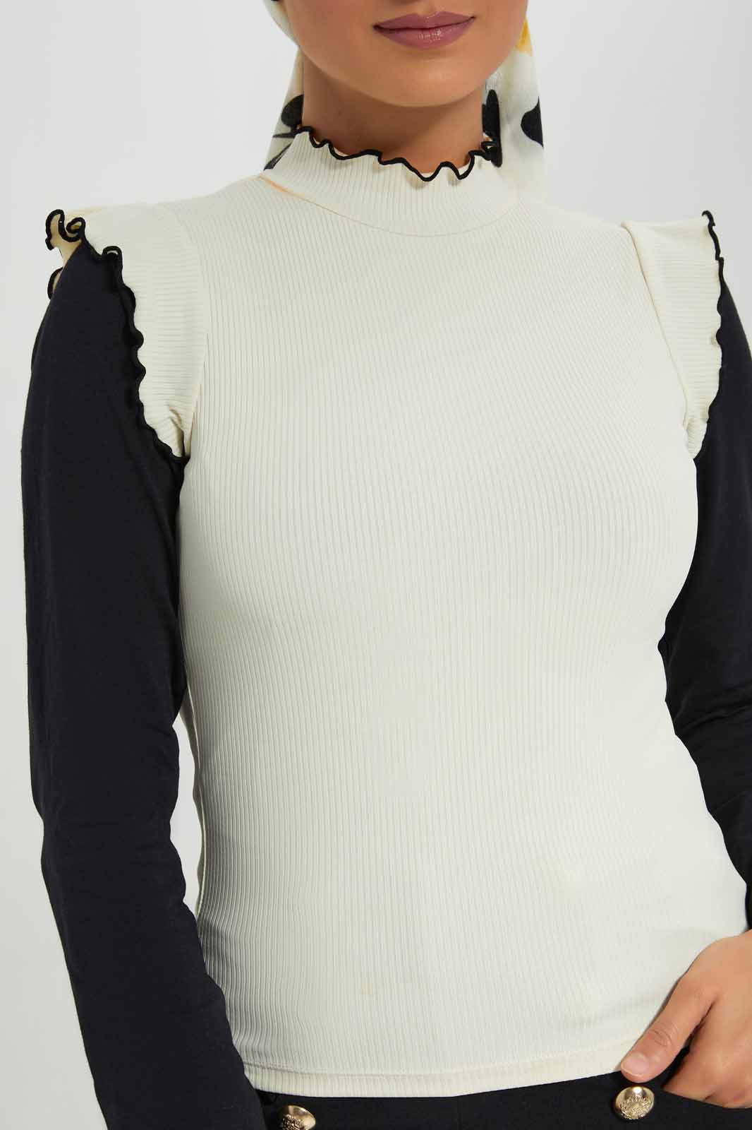 Redtag-Cream-Hi-Neck-Contrast-Ruffled-Tipping-Ribbed-Top-Bundle,-Category:Tops,-Colour:Cream,-Deals:3-For-90,-Deals:New-In,-Filter:Women's-Clothing,-LMC,-New-In-Women-APL,-Section:Women,-W22A,-Women-Tops--