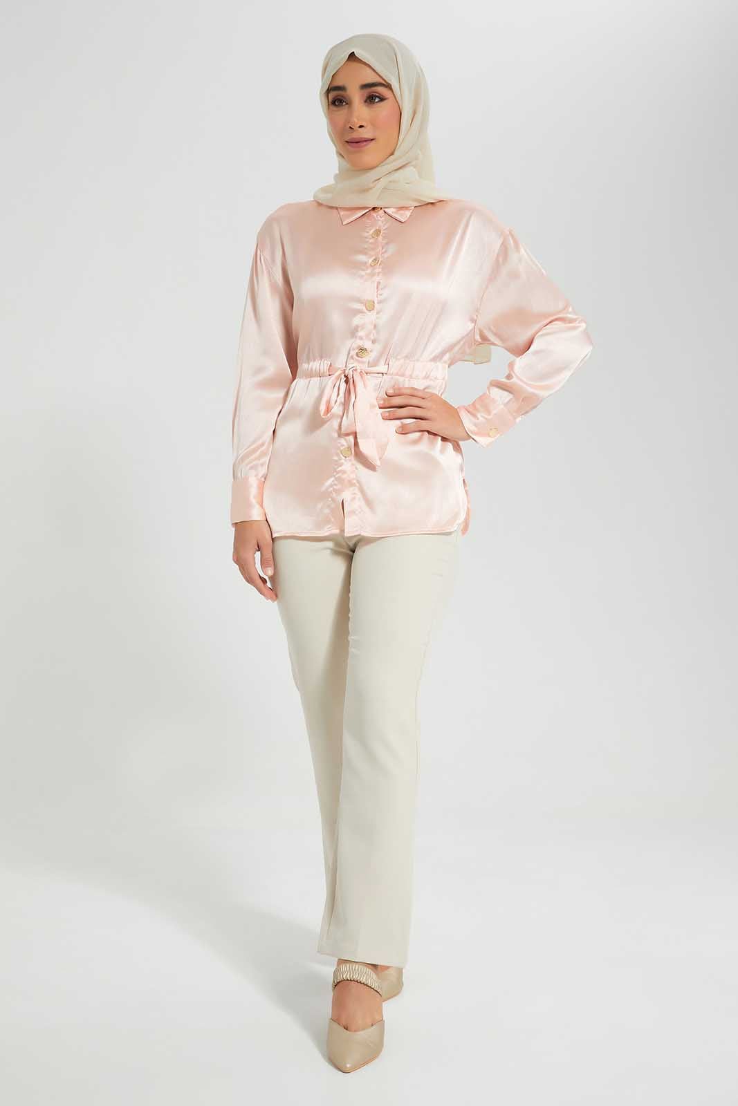 Pink Satin Blouse With Drawstring Detail At Waist