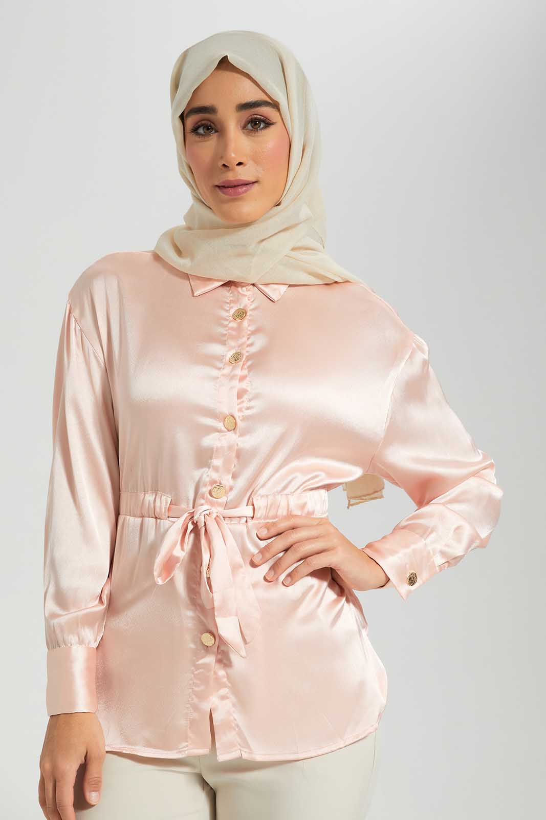 Pink Satin Blouse With Drawstring Detail At Waist
