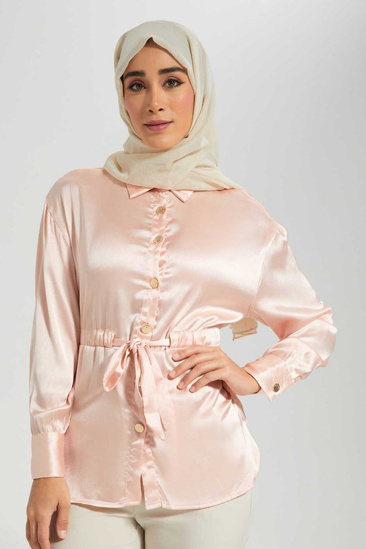 Pink Satin Blouse With Drawstring Detail At Waist