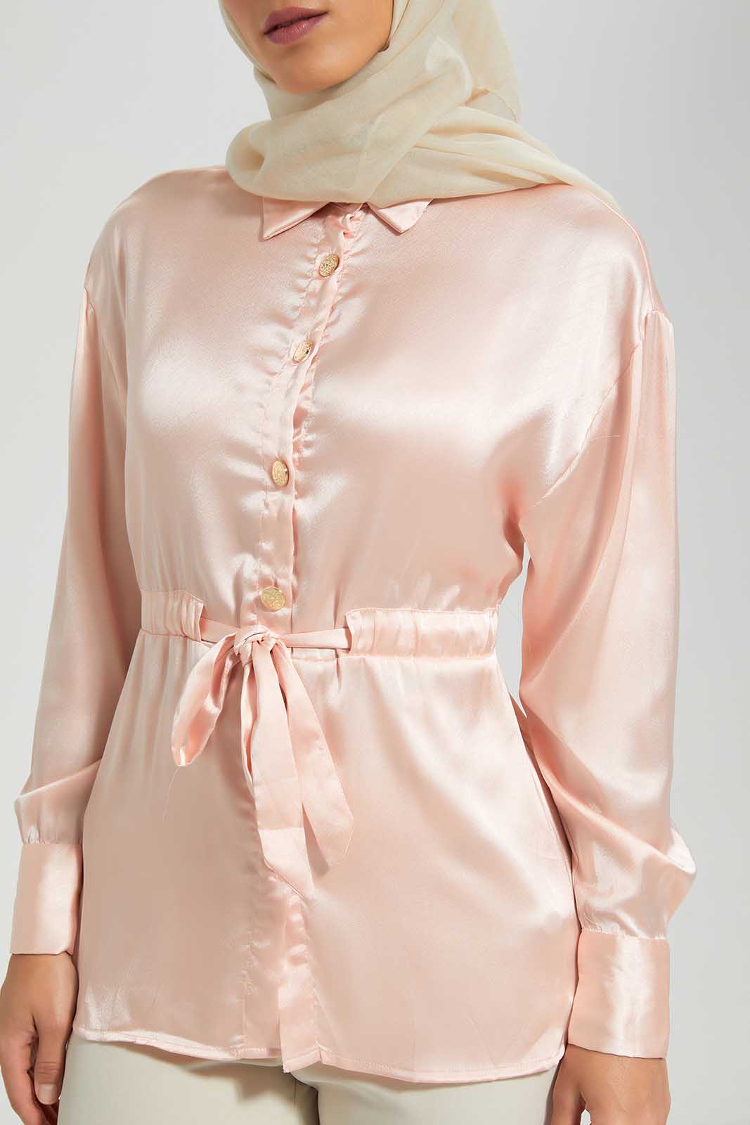 Pink Satin Blouse With Drawstring Detail At Waist