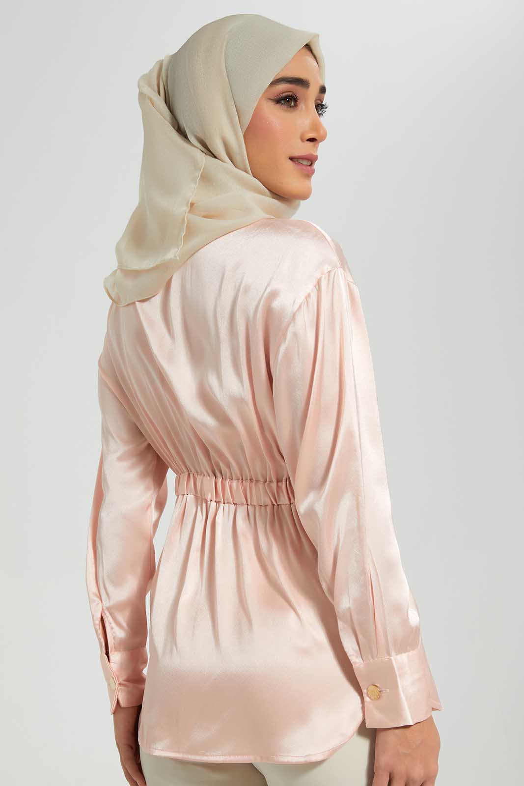 Pink Satin Blouse With Drawstring Detail At Waist