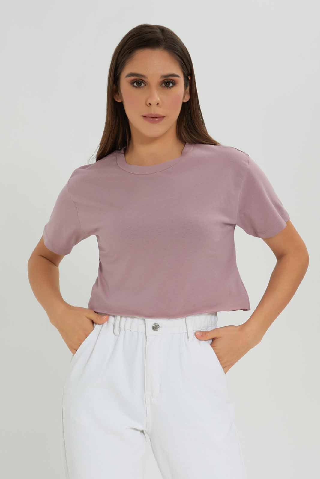 Redtag-Mauve-Boxy-Cropped-Tee-Category:T-Shirts,-Colour:Mauve,-Deals:New-In,-Dept:Ladieswear,-Filter:Women's-Clothing,-KSH,-New-In-Women-APL,-Non-Sale,-Section:Women,-W22O,-Women-T-Shirts-Women's-