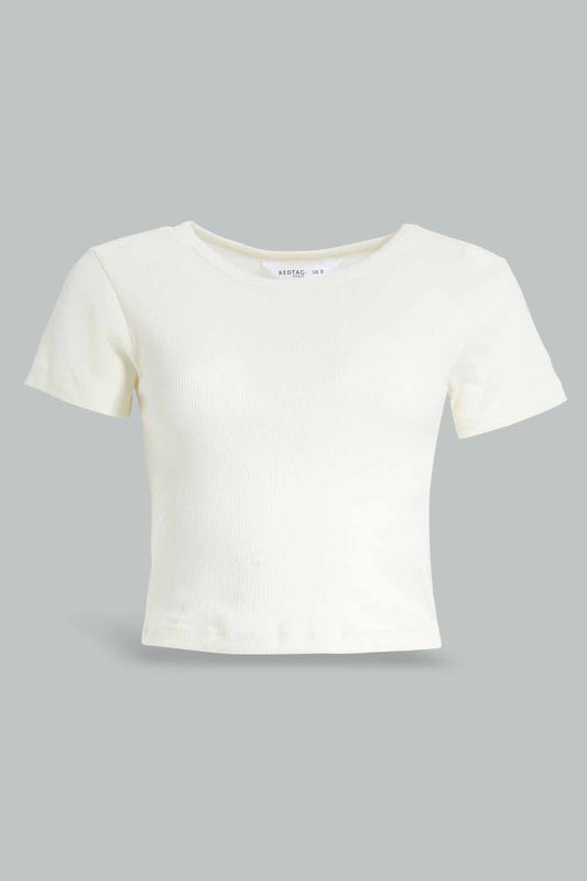 Redtag-Ivory-Rib-Cropped-Tee-Category:T-Shirts,-Colour:Ivory,-Deals:New-In,-Filter:Women's-Clothing,-KSH,-New-In-Women-APL,-Non-Sale,-Section:Women,-W22O,-Women-T-Shirts-Women's-