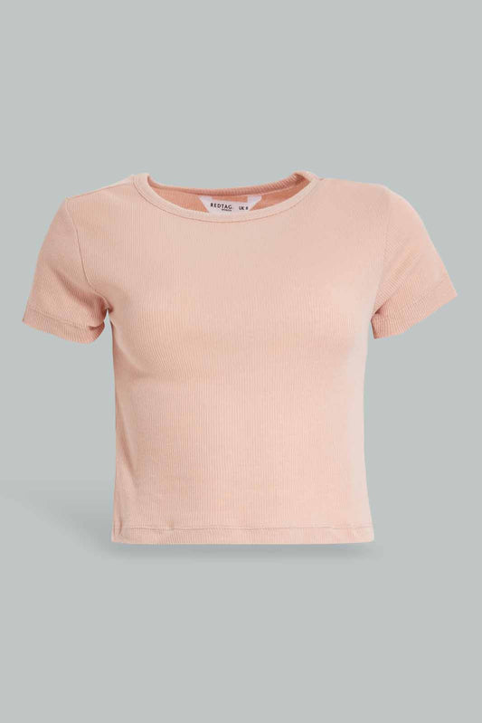 Redtag-Pale-Pink-Blush-Rib-Cropped-Tee-Category:T-Shirts,-Colour:Apricot,-Deals:New-In,-Filter:Women's-Clothing,-KSH,-New-In-Women-APL,-Non-Sale,-Section:Women,-W22O,-Women-T-Shirts-Women's-