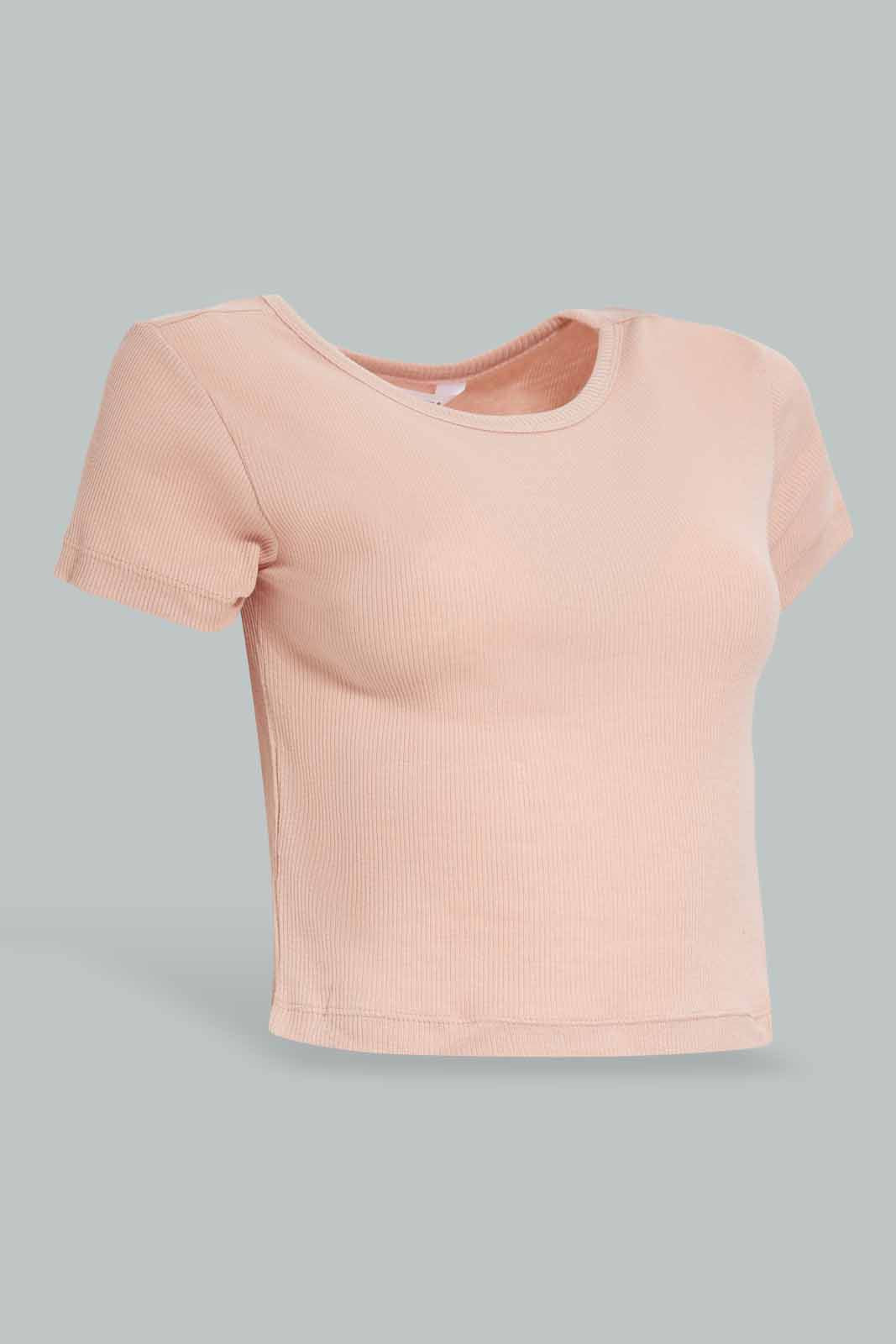 Redtag-Pale-Pink-Blush-Rib-Cropped-Tee-Category:T-Shirts,-Colour:Apricot,-Deals:New-In,-Filter:Women's-Clothing,-KSH,-New-In-Women-APL,-Non-Sale,-Section:Women,-W22O,-Women-T-Shirts-Women's-