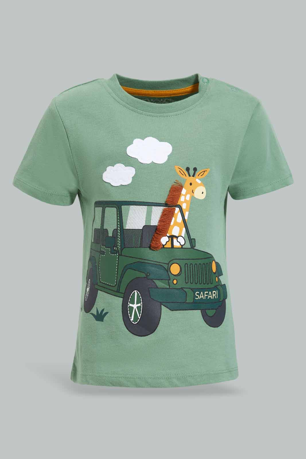 Redtag-Green-Safari-Jeep-Tshirt-Wih-Gree-Twill-Short-Casual-set-(-2-Pack-)-Category:Sets,-Colour:Green,-Deals:New-In,-Filter:Infant-Boys-(3-to-24-Mths),-INB-Sets,-New-In-INB-APL,-Non-Sale,-Section:Boys-(0-to-14Yrs),-W22B-Infant-Boys-3 to 24 Months