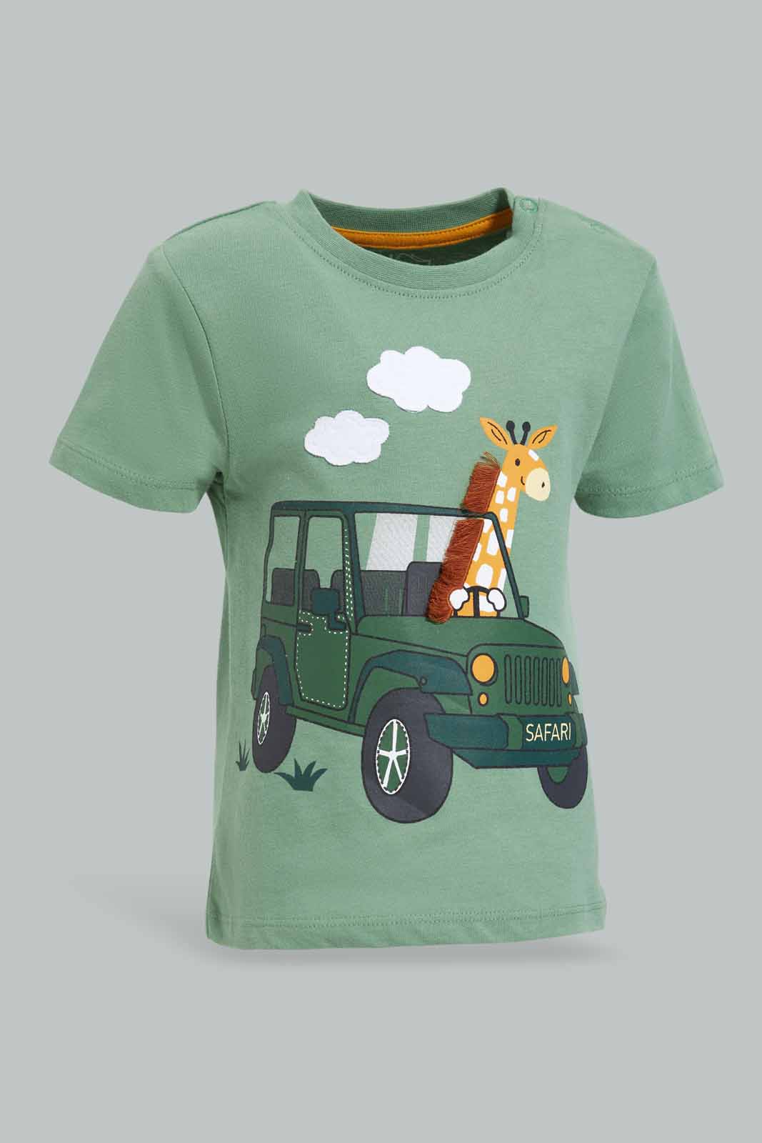 Redtag-Green-Safari-Jeep-Tshirt-Wih-Gree-Twill-Short-Casual-set-(-2-Pack-)-Category:Sets,-Colour:Green,-Deals:New-In,-Filter:Infant-Boys-(3-to-24-Mths),-INB-Sets,-New-In-INB-APL,-Non-Sale,-Section:Boys-(0-to-14Yrs),-W22B-Infant-Boys-3 to 24 Months