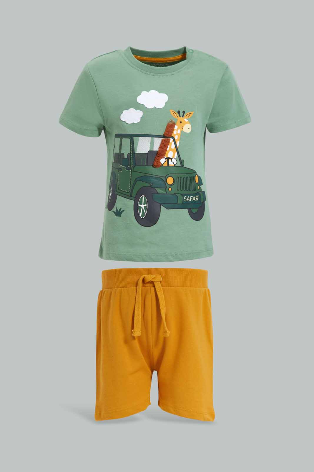 Redtag-Green-Safari-Jeep-Tshirt-Wih-Gree-Twill-Short-Casual-set-(-2-Pack-)-Category:Sets,-Colour:Green,-Deals:New-In,-Filter:Infant-Boys-(3-to-24-Mths),-INB-Sets,-New-In-INB-APL,-Non-Sale,-Section:Boys-(0-to-14Yrs),-W22B-Infant-Boys-3 to 24 Months