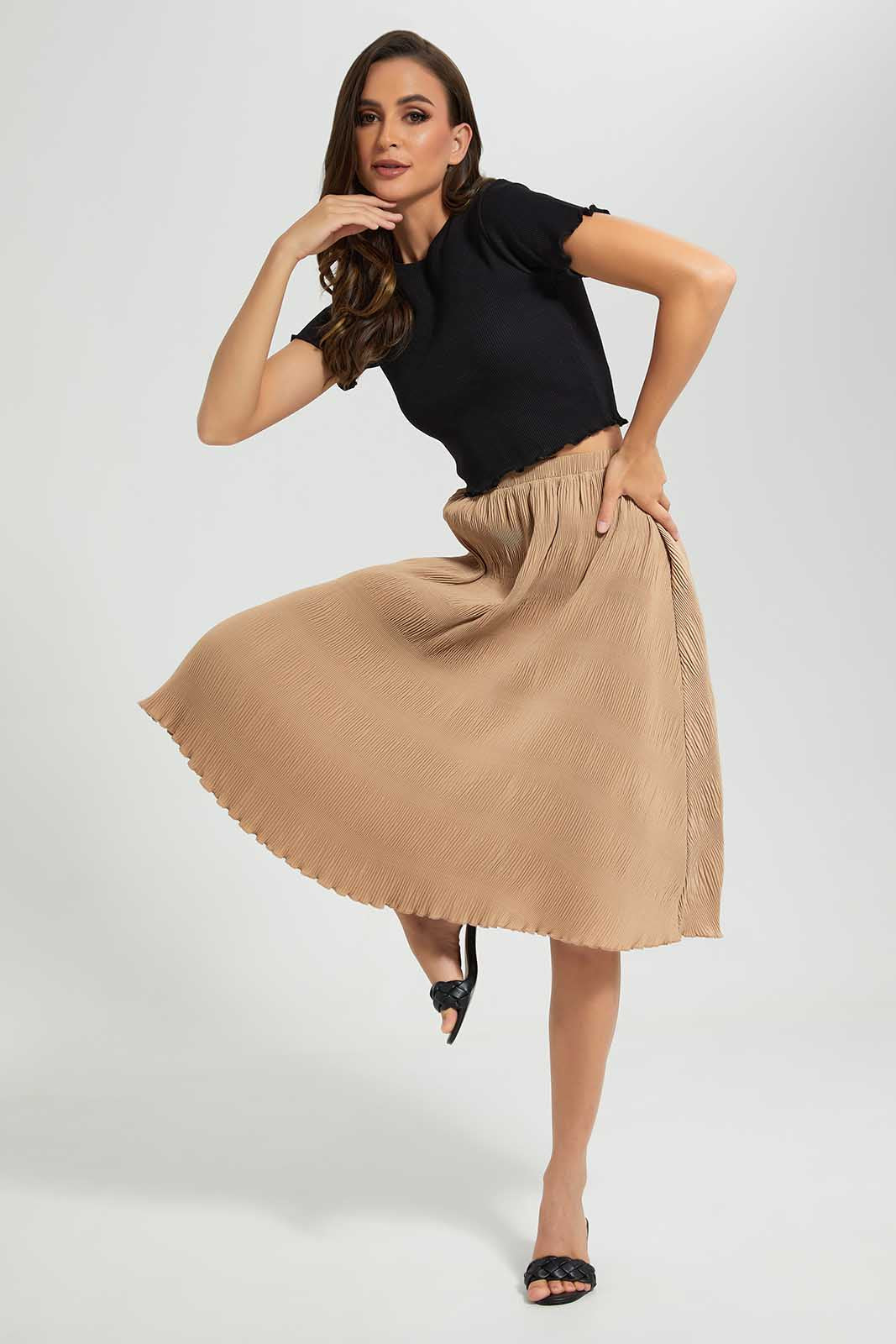 Redtag-Sand-Pleated-Skirt-Category:Skirts,-Colour:Sand,-Deals:New-In,-Filter:Women's-Clothing,-LDC,-LDC-Skirts,-New-In-LDC-APL,-Non-Sale,-Section:Women,-W22O-Women's-